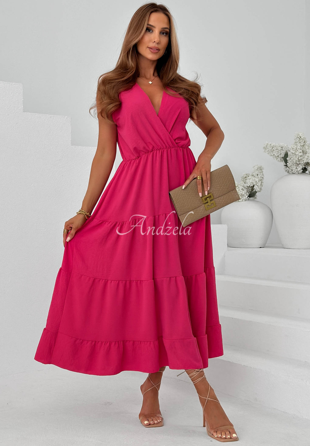 Maxikleid aus Viskose mit Trägern und Rüschen Sunwave Fuchsia