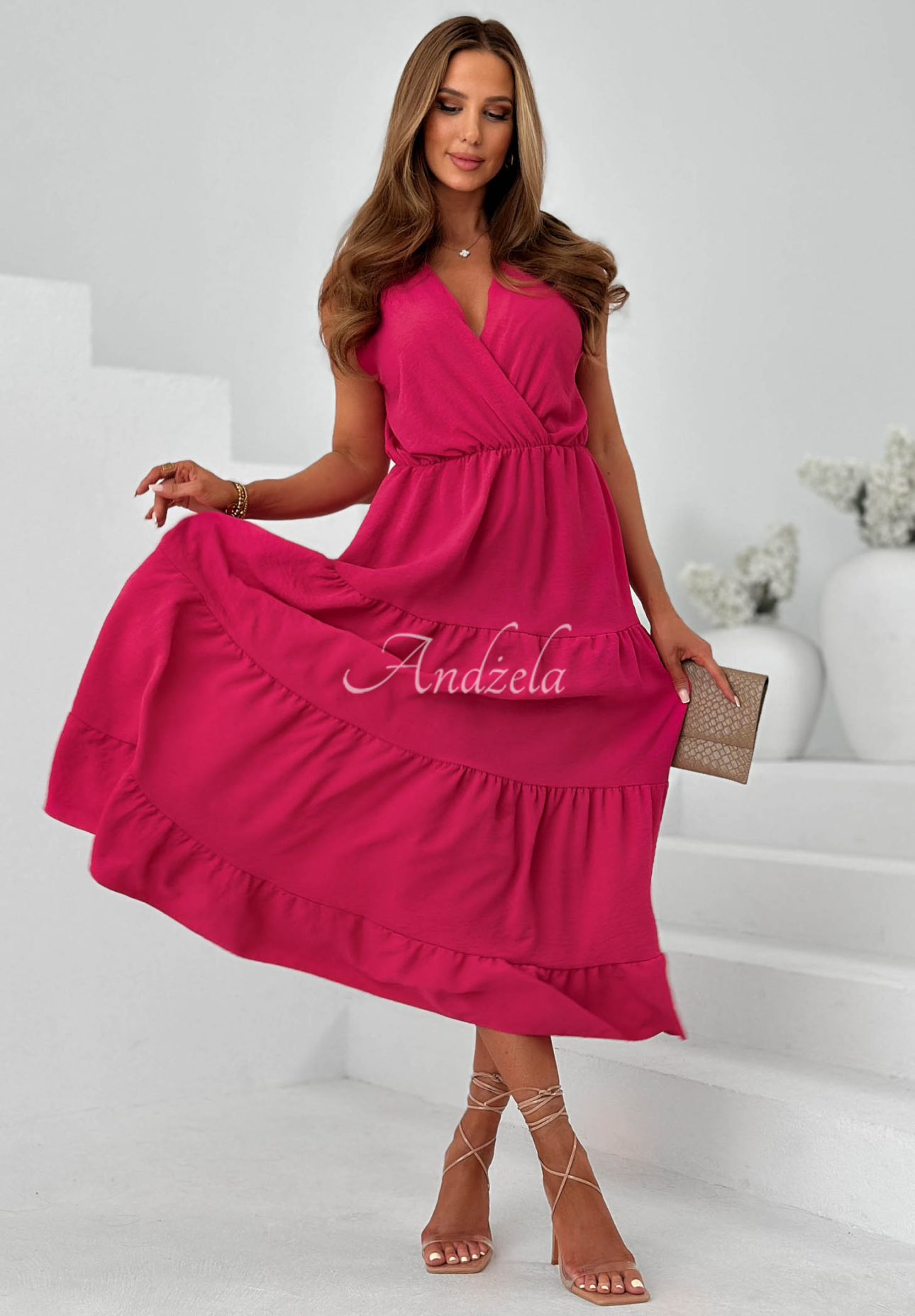 Maxikleid aus Viskose mit Trägern und Rüschen Sunwave Fuchsia