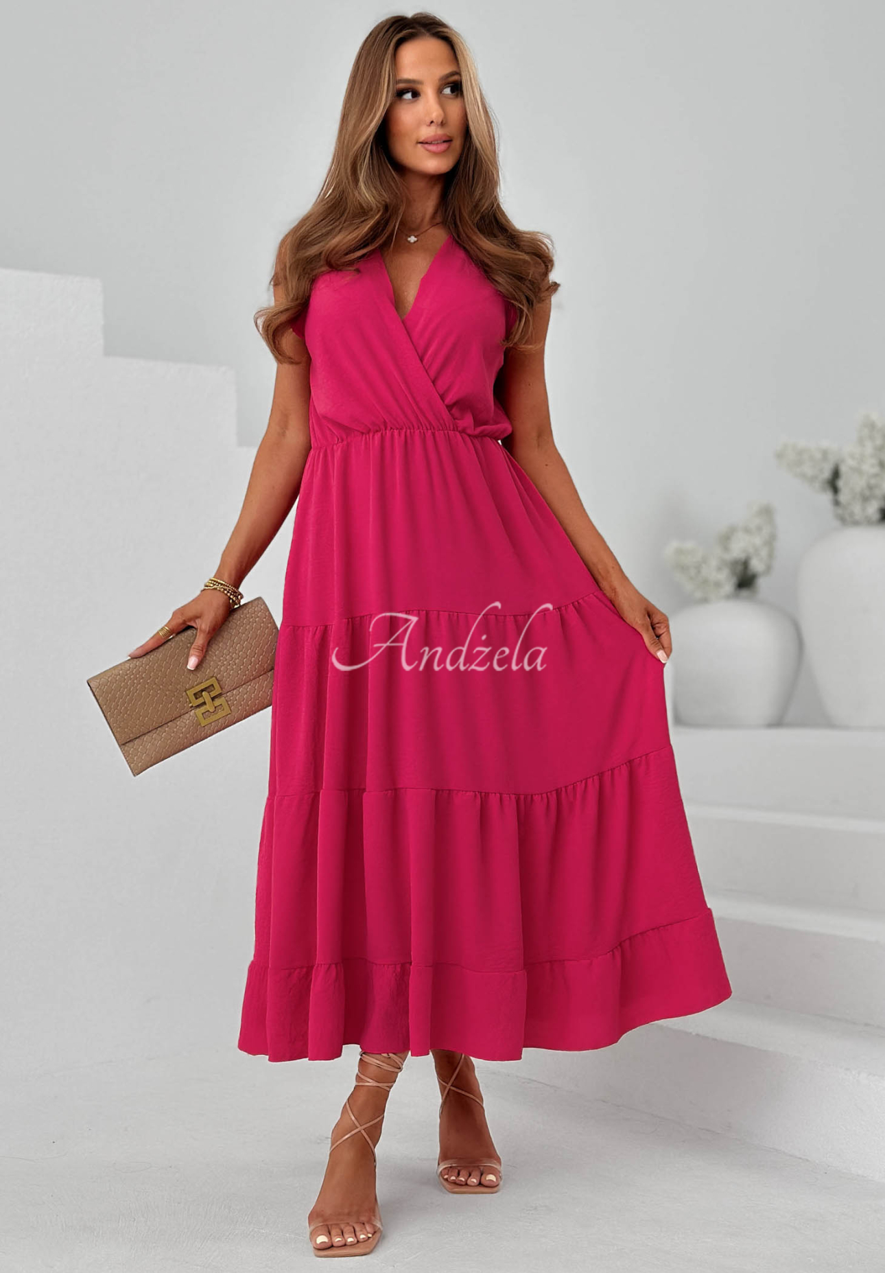 Maxikleid aus Viskose mit Trägern und Rüschen Sunwave Fuchsia