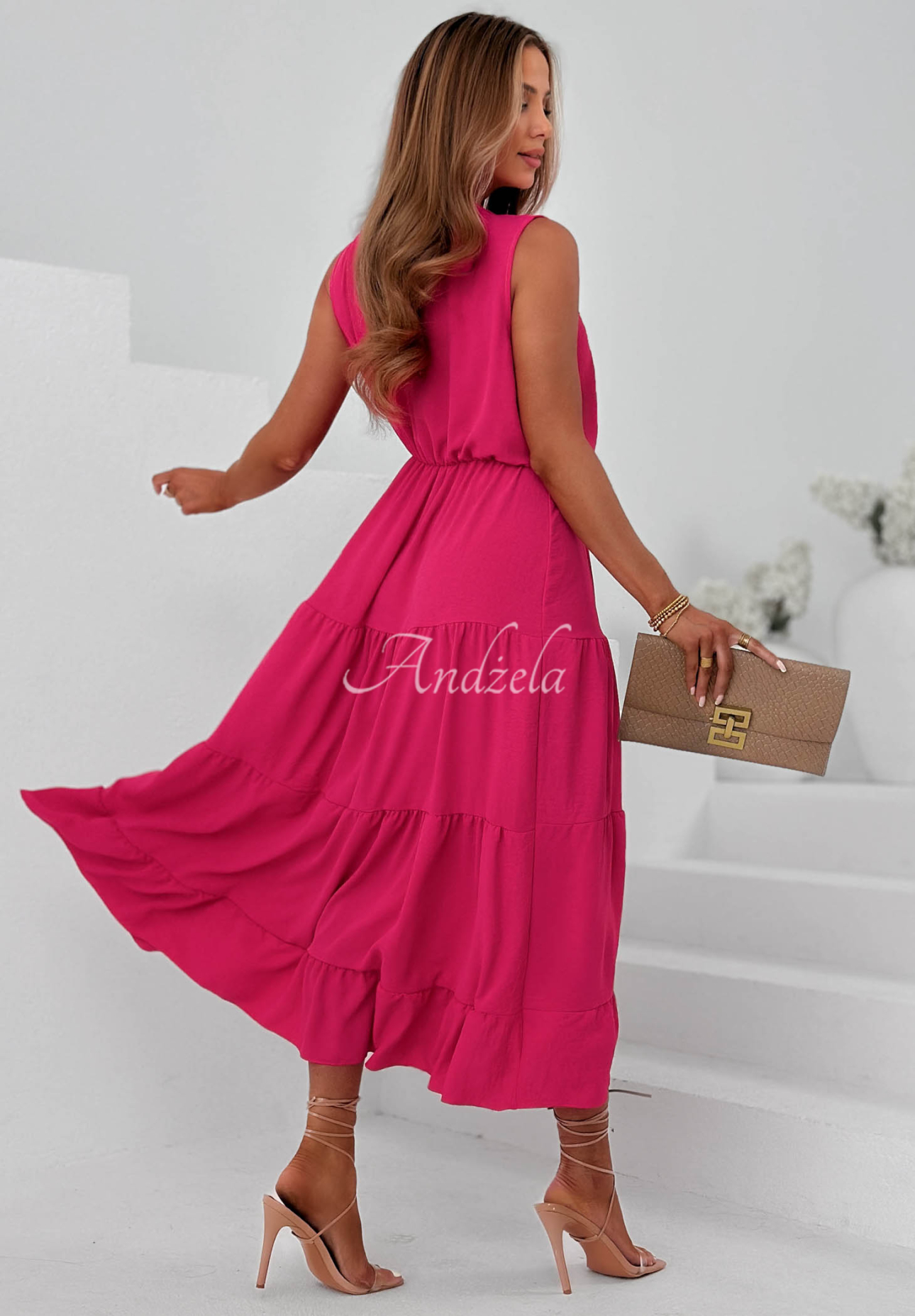 Maxikleid aus Viskose mit Trägern und Rüschen Sunwave Fuchsia