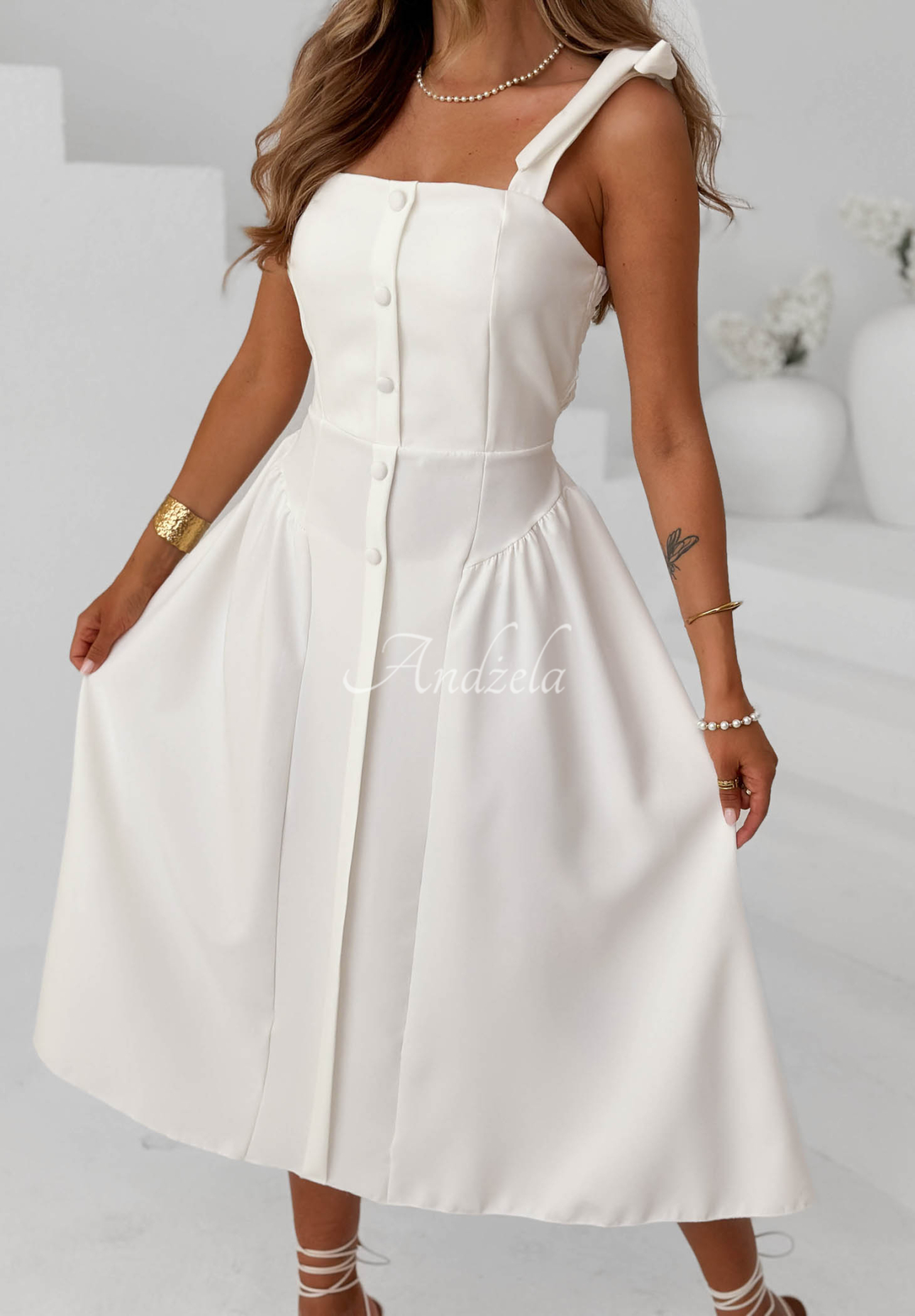 Midikleid mit Bindebändern Sunset Aura Weiß