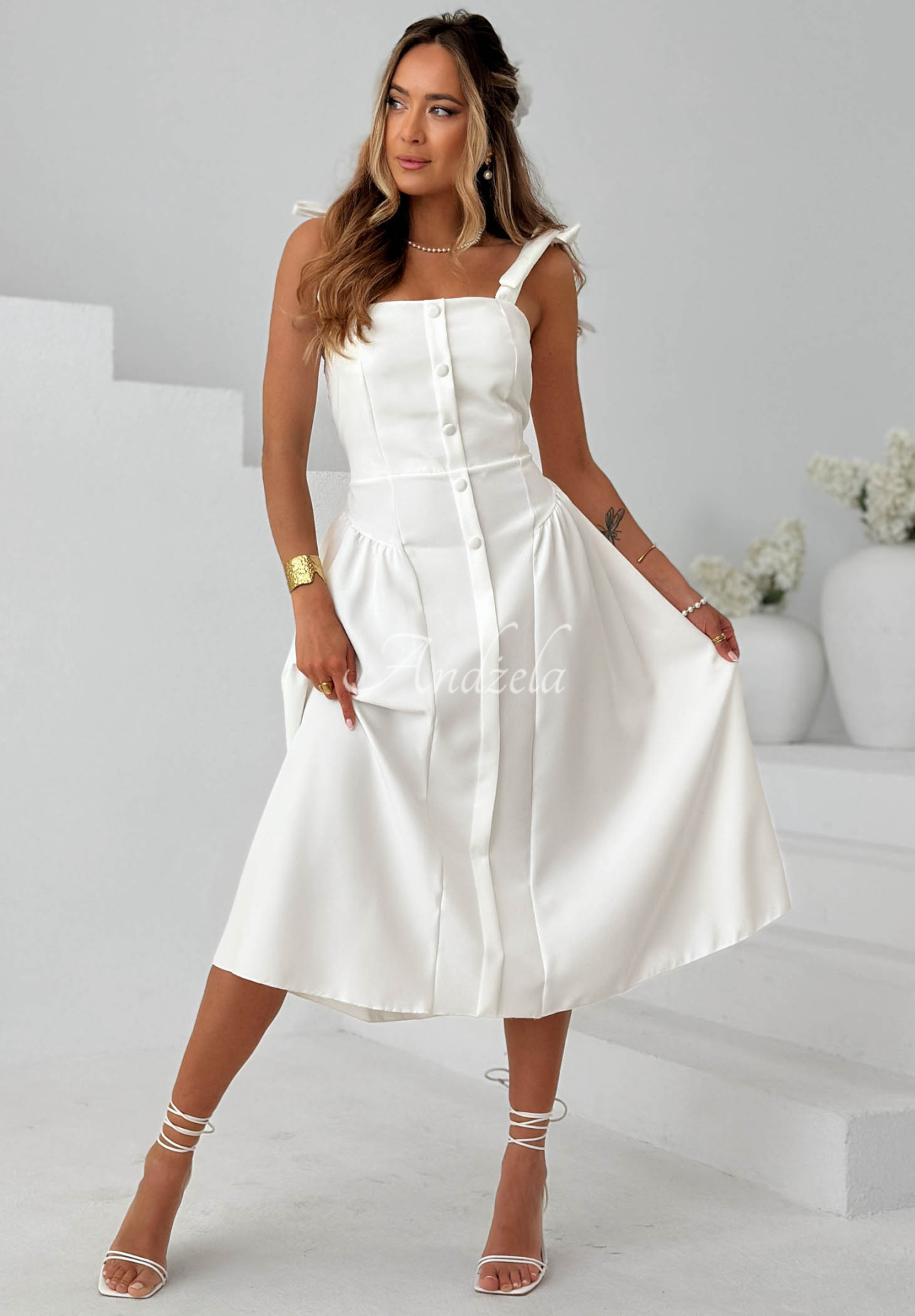 Midikleid mit Bindebändern Sunset Aura Weiß