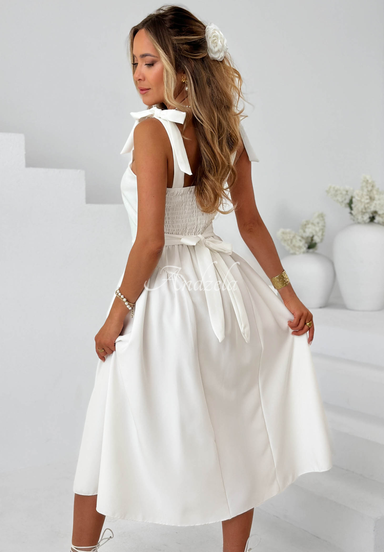 Midikleid mit Bindebändern Sunset Aura Weiß