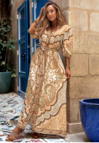 Wzorzysta Kleid maxi z paskiem Timeless Summer Beige-Himmelblau