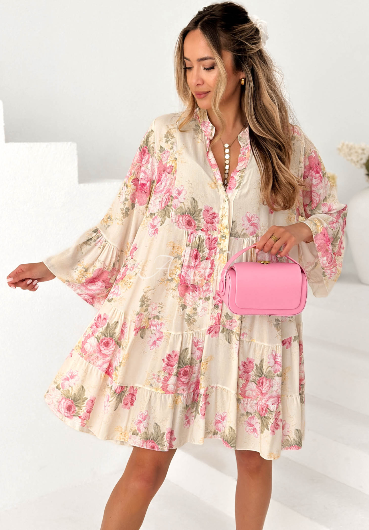 Geblümtes Oversize Minikleid aus Viskose Miss Florita Weiß