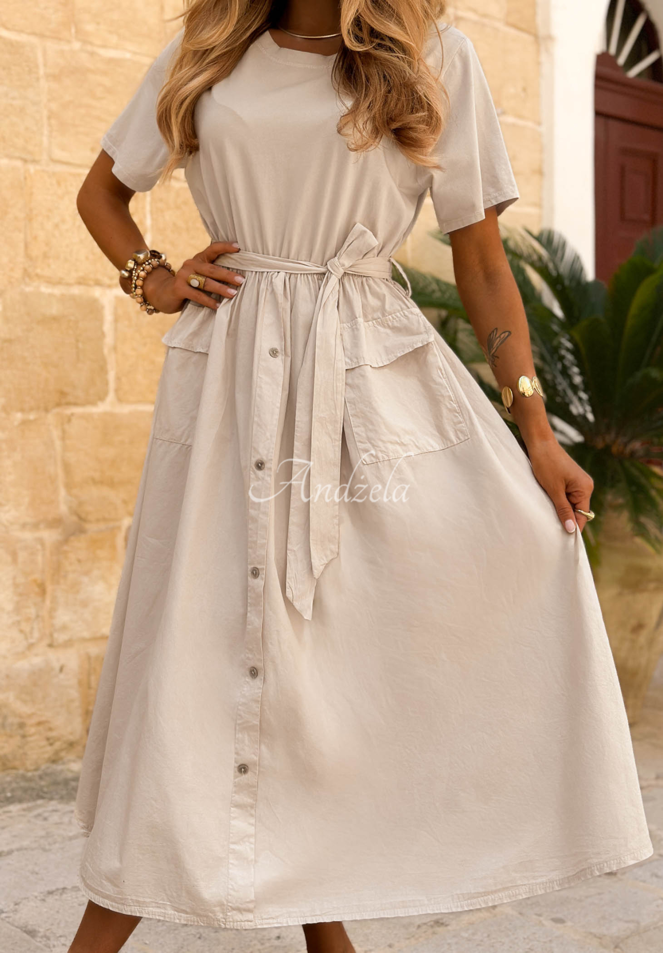 Baumwollkleid mit kurzen Ärmeln und Gürtel Suncharm Beige