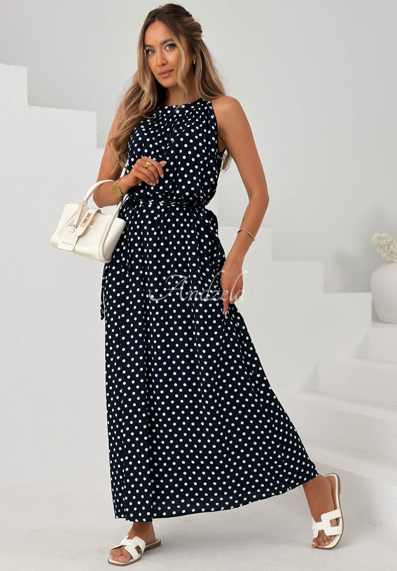 Maxikleid aus Viskose mit Polka-Dots Sun &amp; Dots Dunkelblau