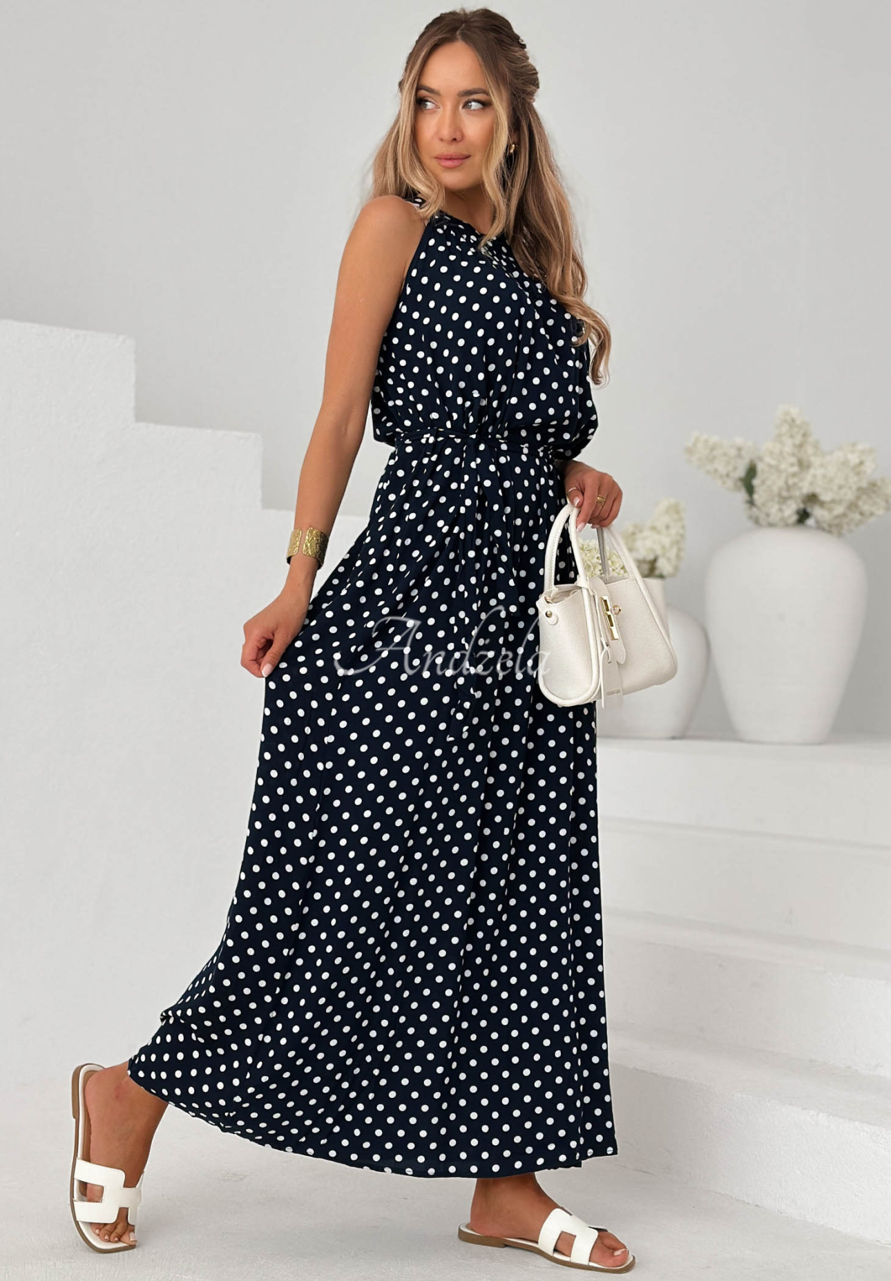 Maxikleid aus Viskose mit Polka-Dots Sun &amp; Dots Dunkelblau