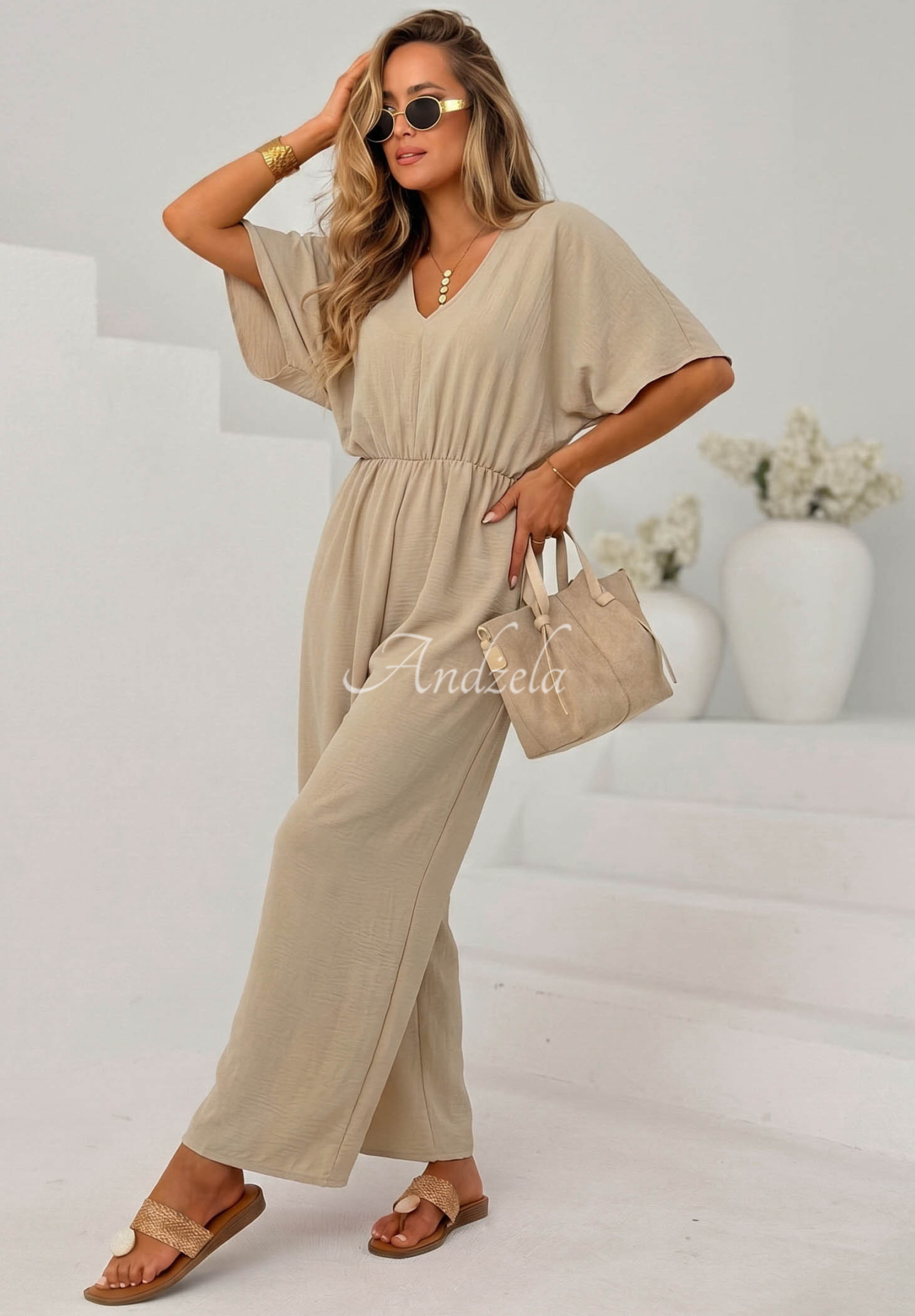 Langer Viskose-Overall Forever Vacation Beige