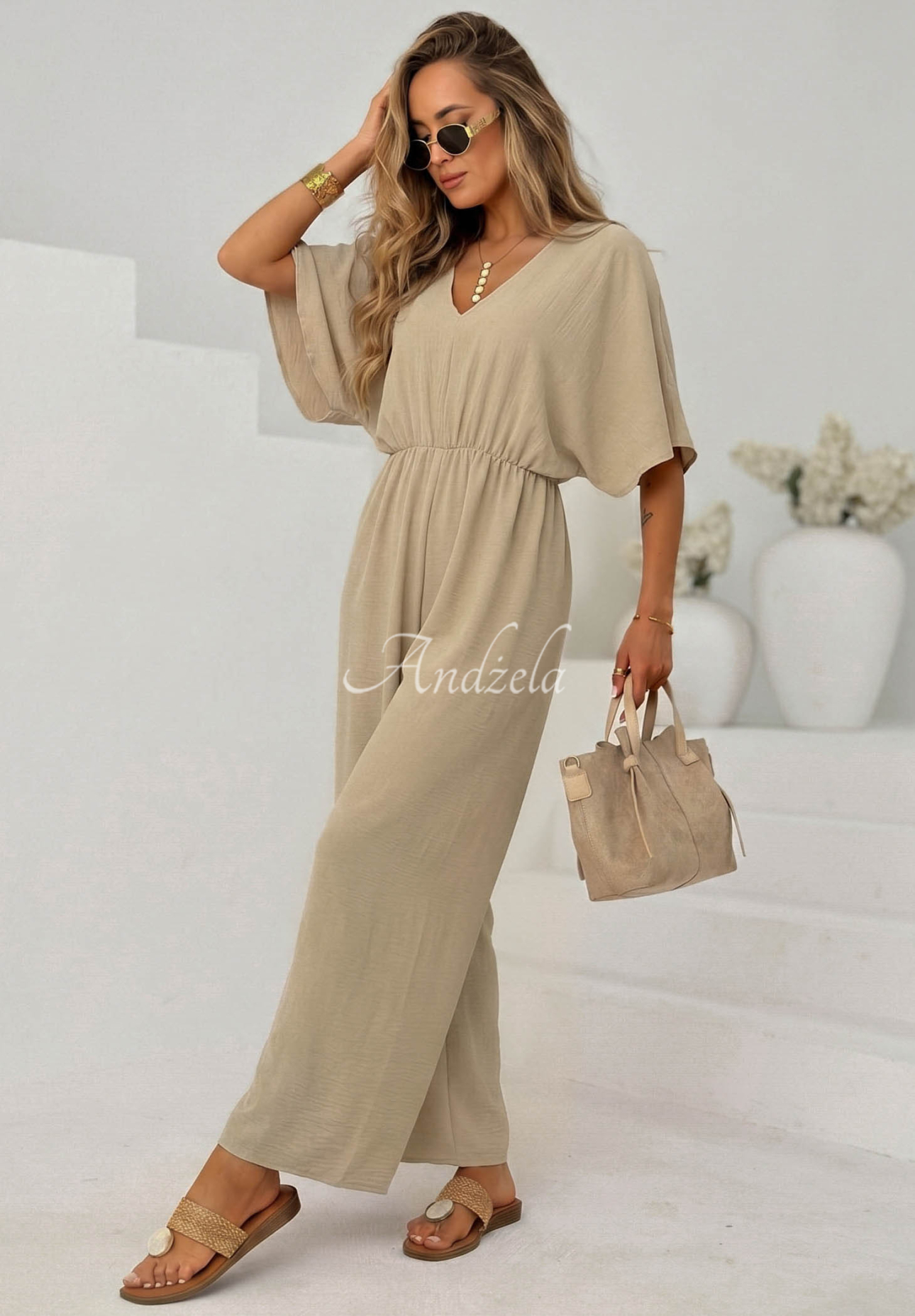Langer Viskose-Overall Forever Vacation Beige