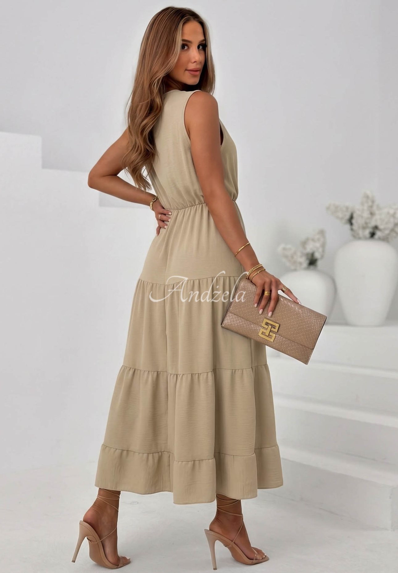Maxikleid aus Viskose mit Trägern und Rüschen Sunwave Beige