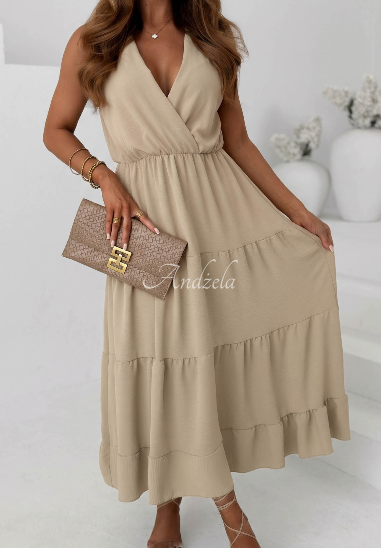 Maxikleid aus Viskose mit Trägern und Rüschen Sunwave Beige