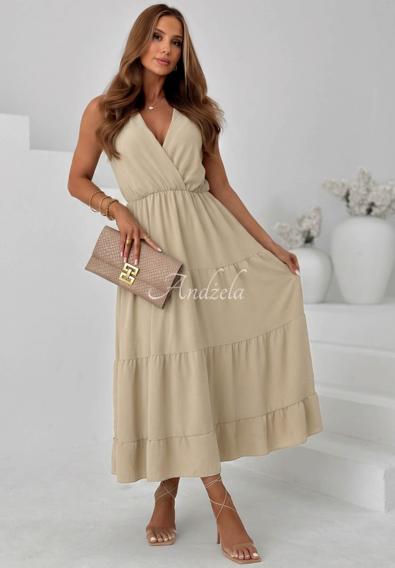 Maxikleid aus Viskose mit Trägern und Rüschen Sunwave Beige
