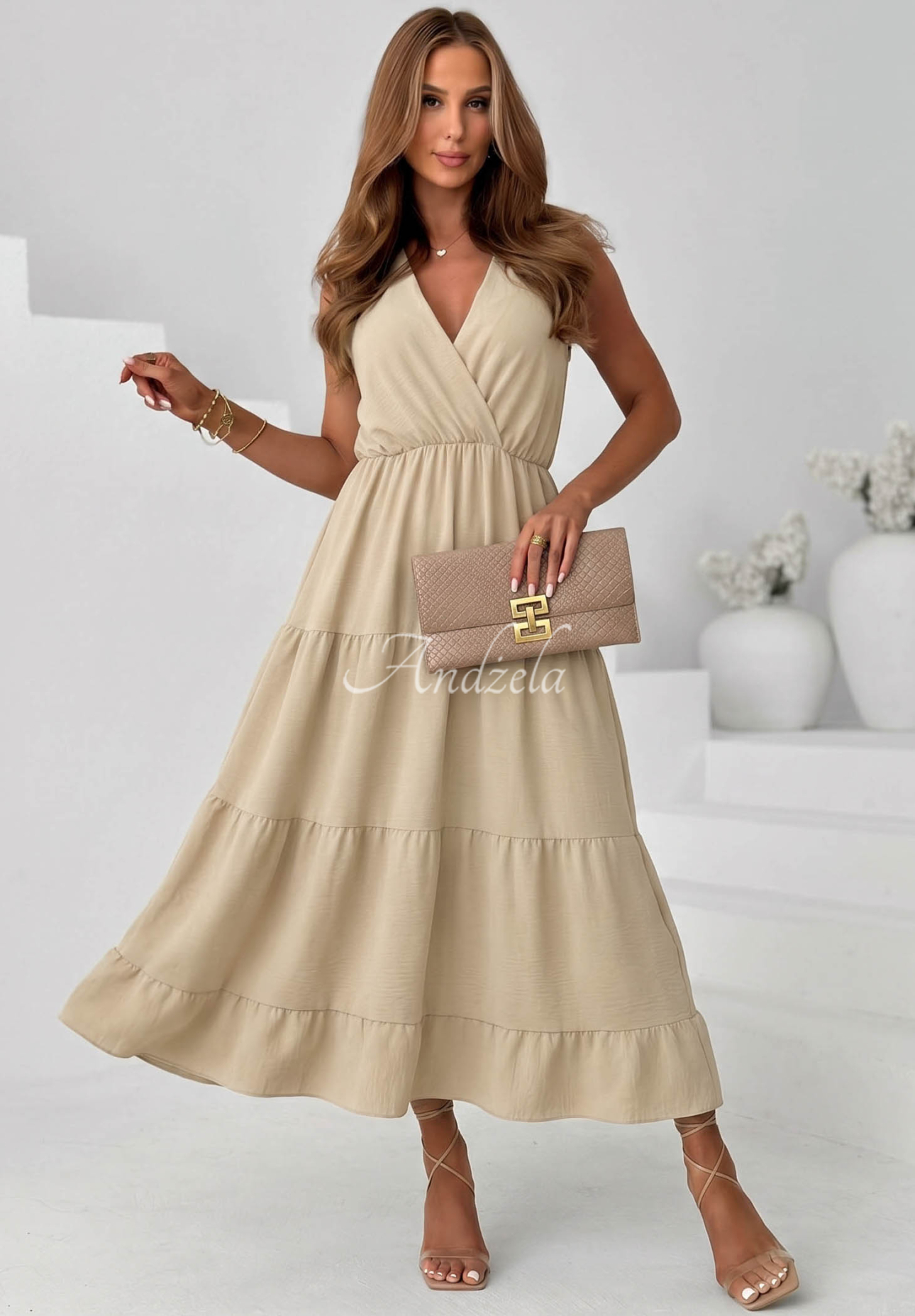 Maxikleid aus Viskose mit Trägern und Rüschen Sunwave Beige