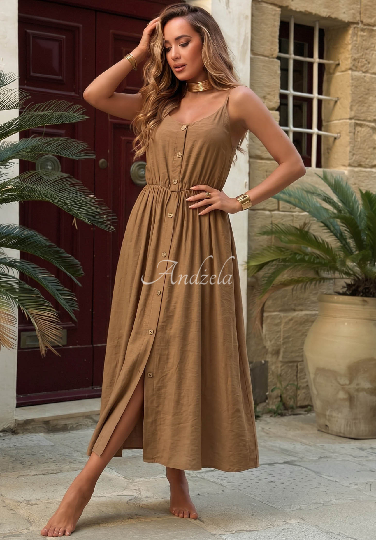 Midi-Kleid aus Viskose mit Trägern The Holiday  The Holiday Camel