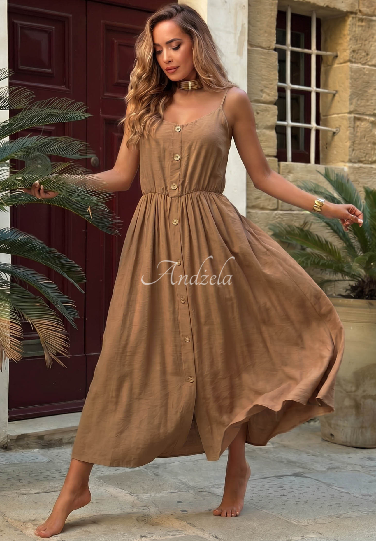 Midi-Kleid aus Viskose mit Trägern The Holiday  The Holiday Camel