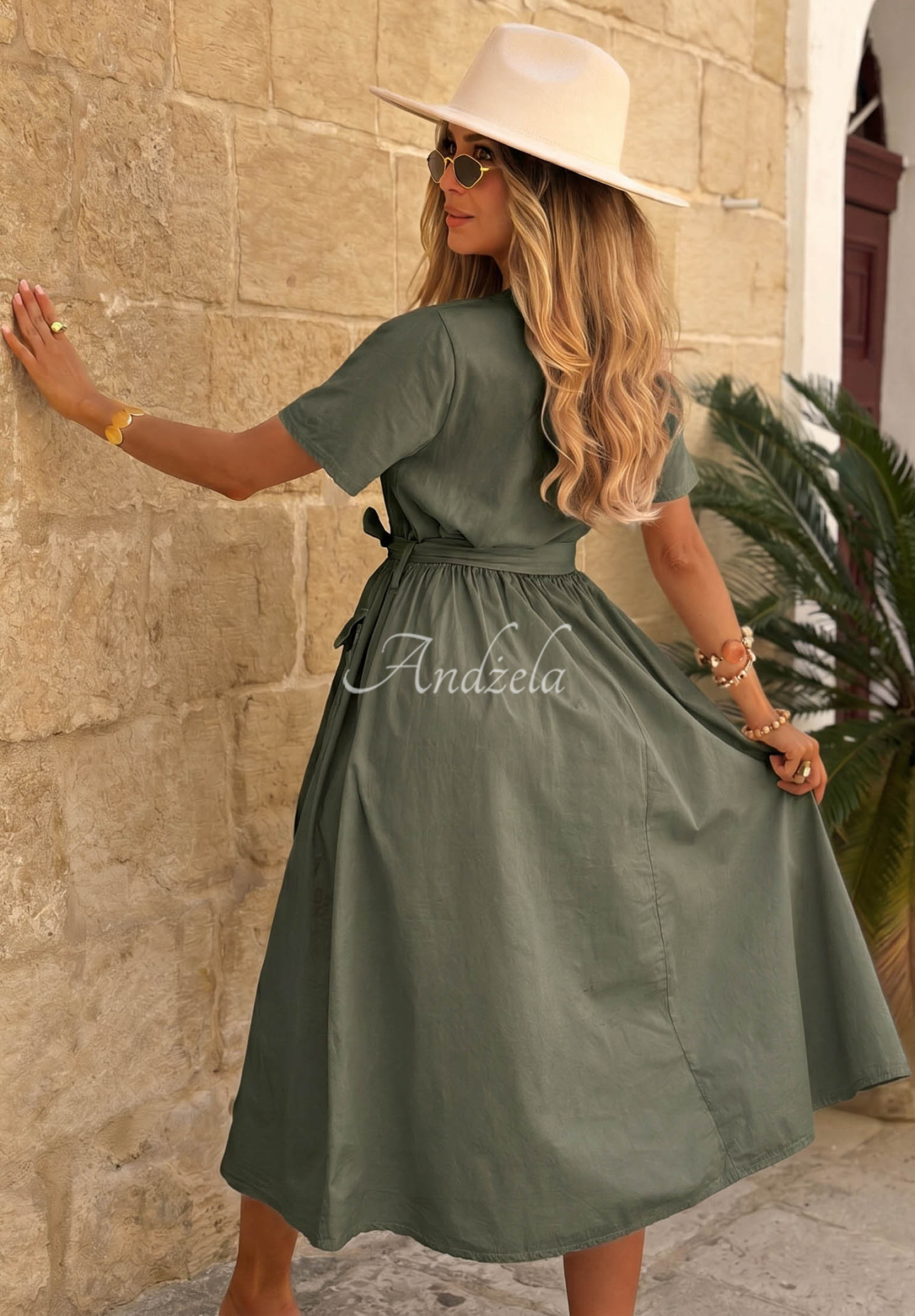 Baumwollkleid mit kurzen Ärmeln und Gürtel Suncharm Khaki