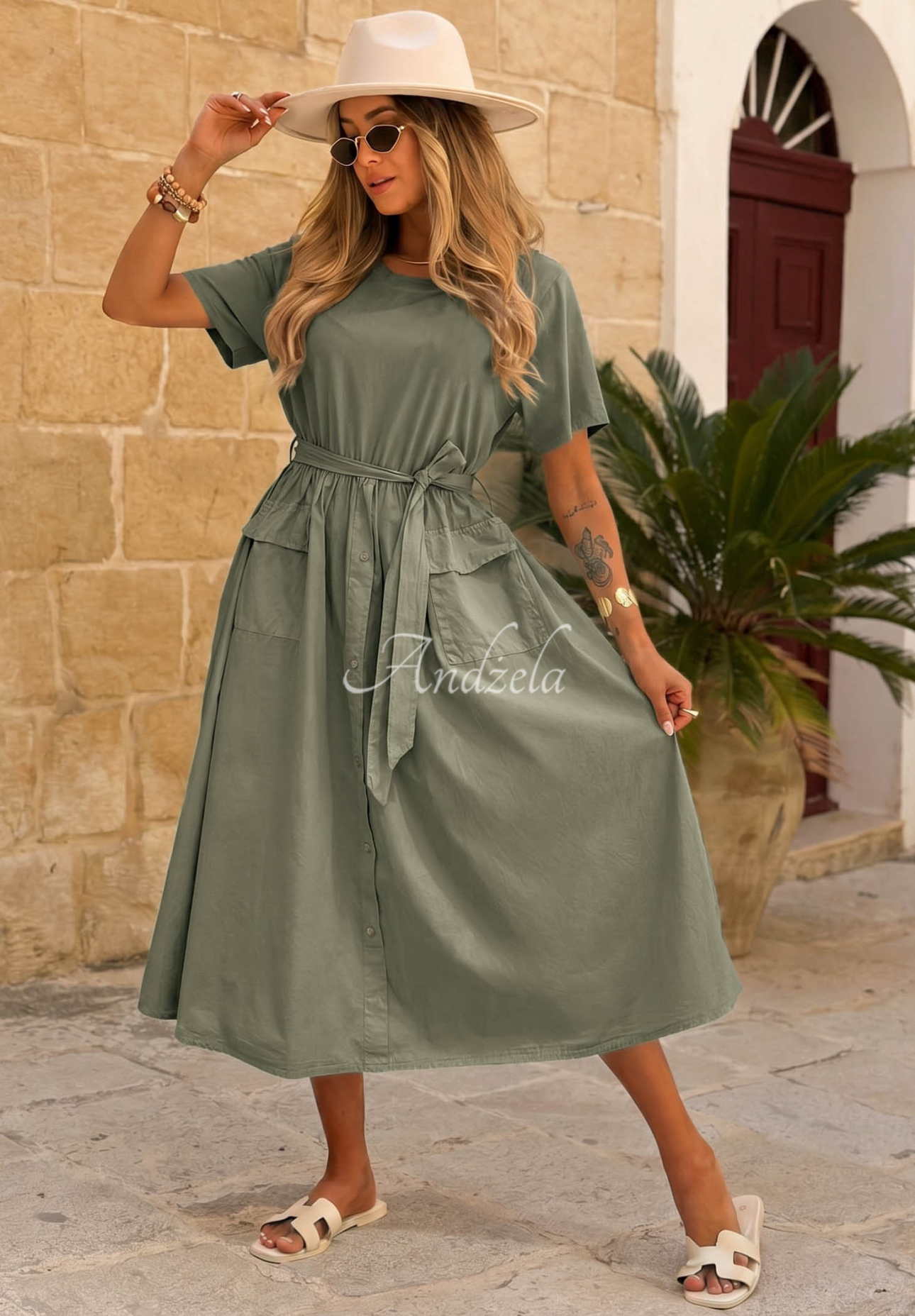 Baumwollkleid mit kurzen Ärmeln und Gürtel Suncharm Khaki