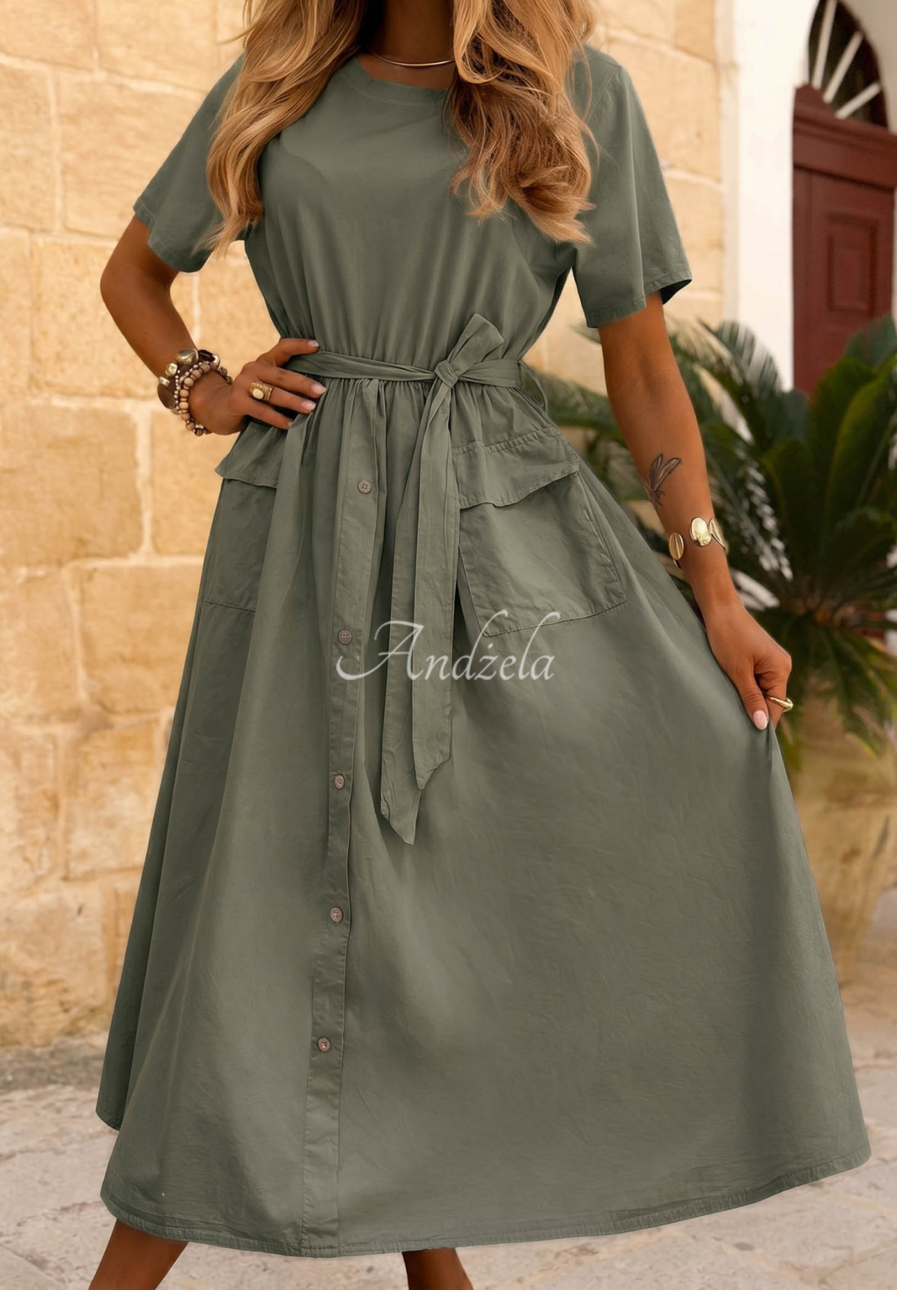 Baumwollkleid mit kurzen Ärmeln und Gürtel Suncharm Khaki