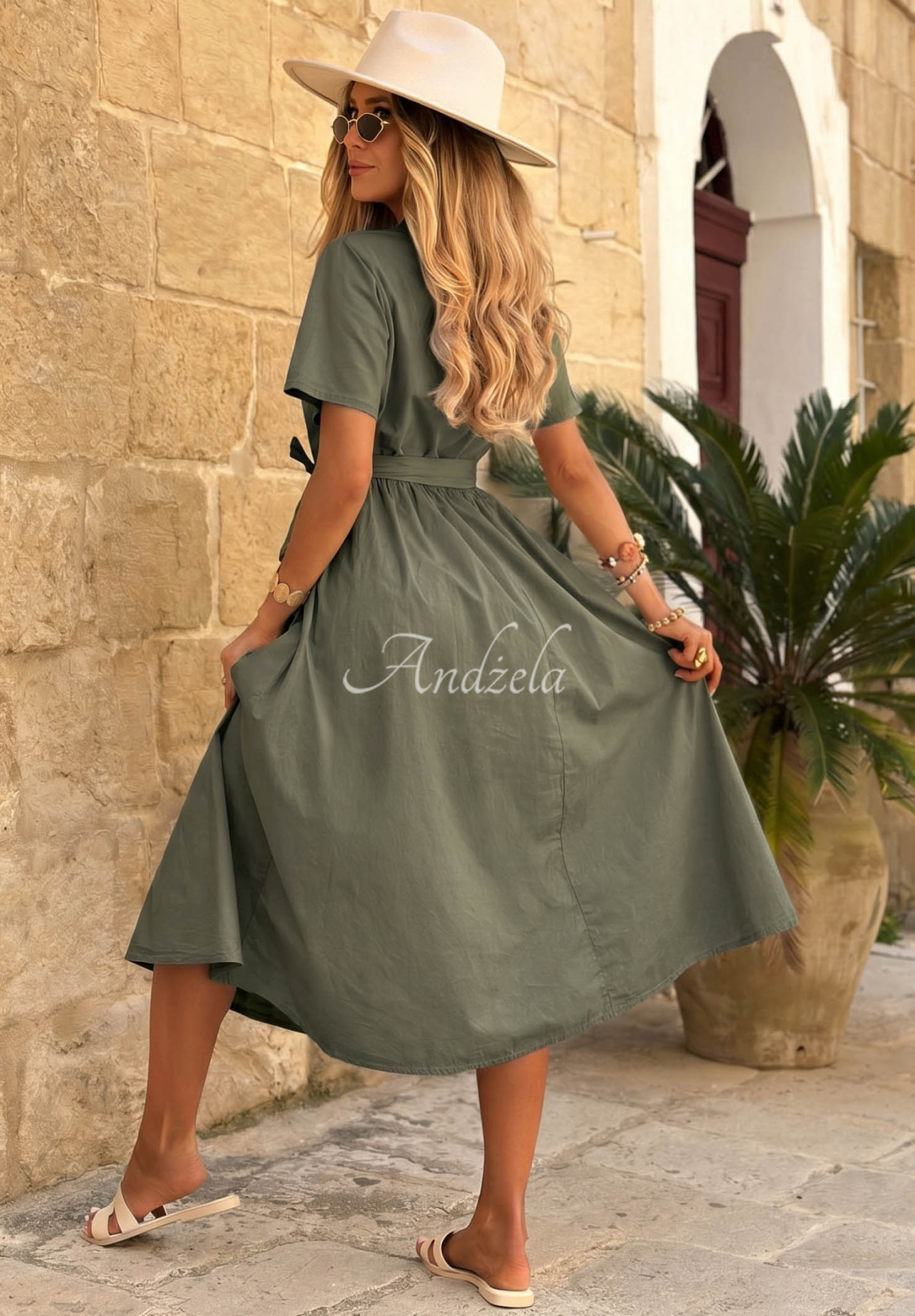Baumwollkleid mit kurzen Ärmeln und Gürtel Suncharm Khaki