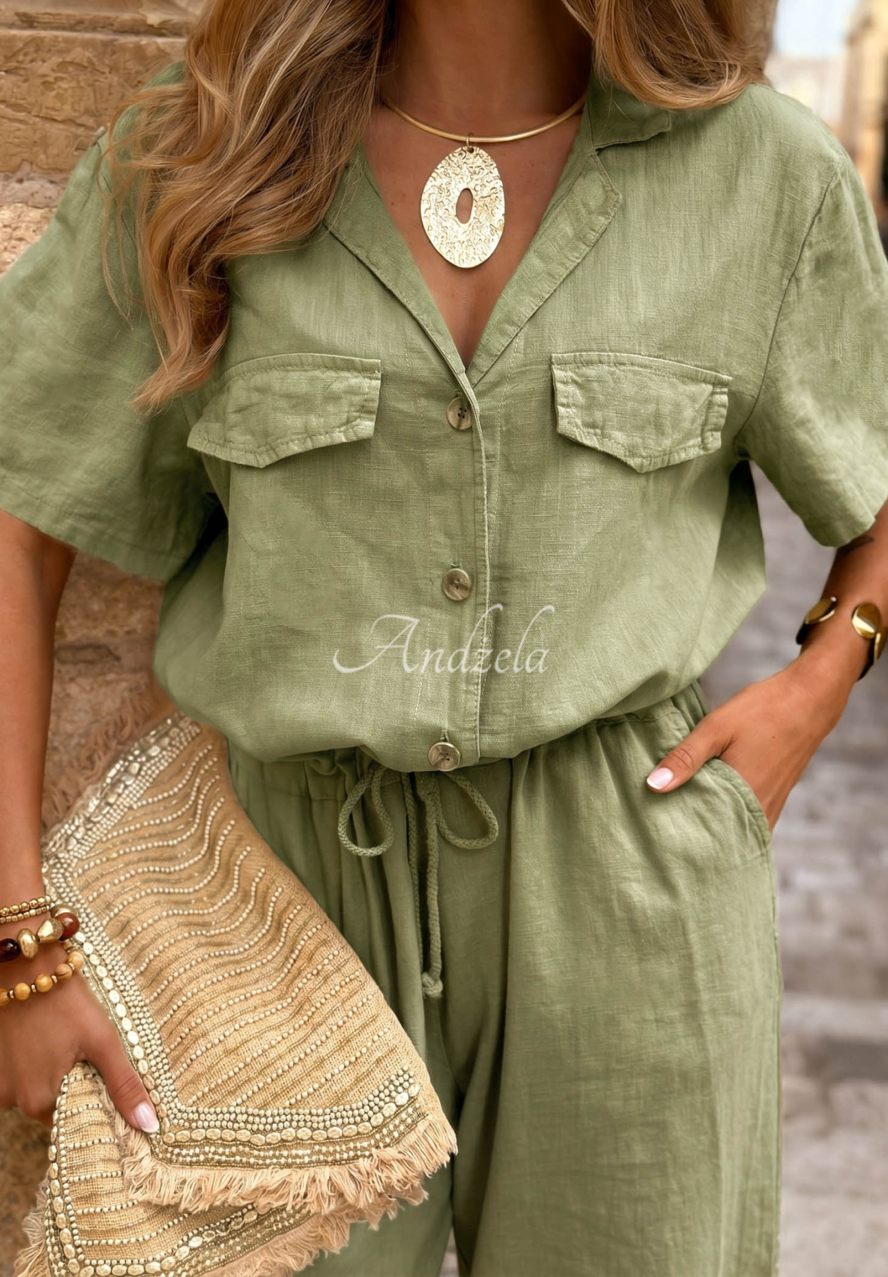 Langer Leinen-Overall mit Taschen Sunny Adventure Khaki