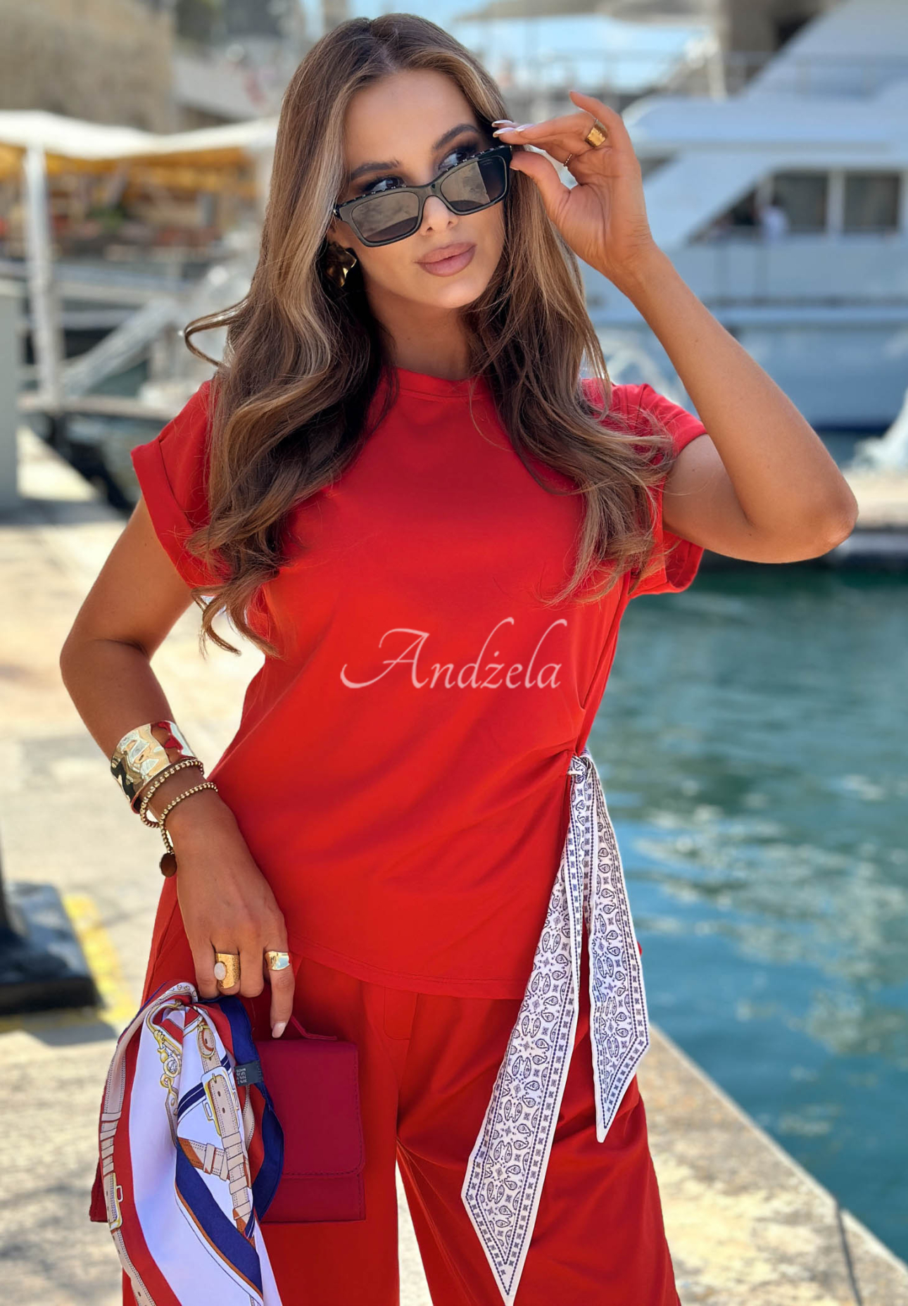 Set Bluse mit gebundenem Halstuch und Hose aus Lyocell Sunny Dreams Rot
