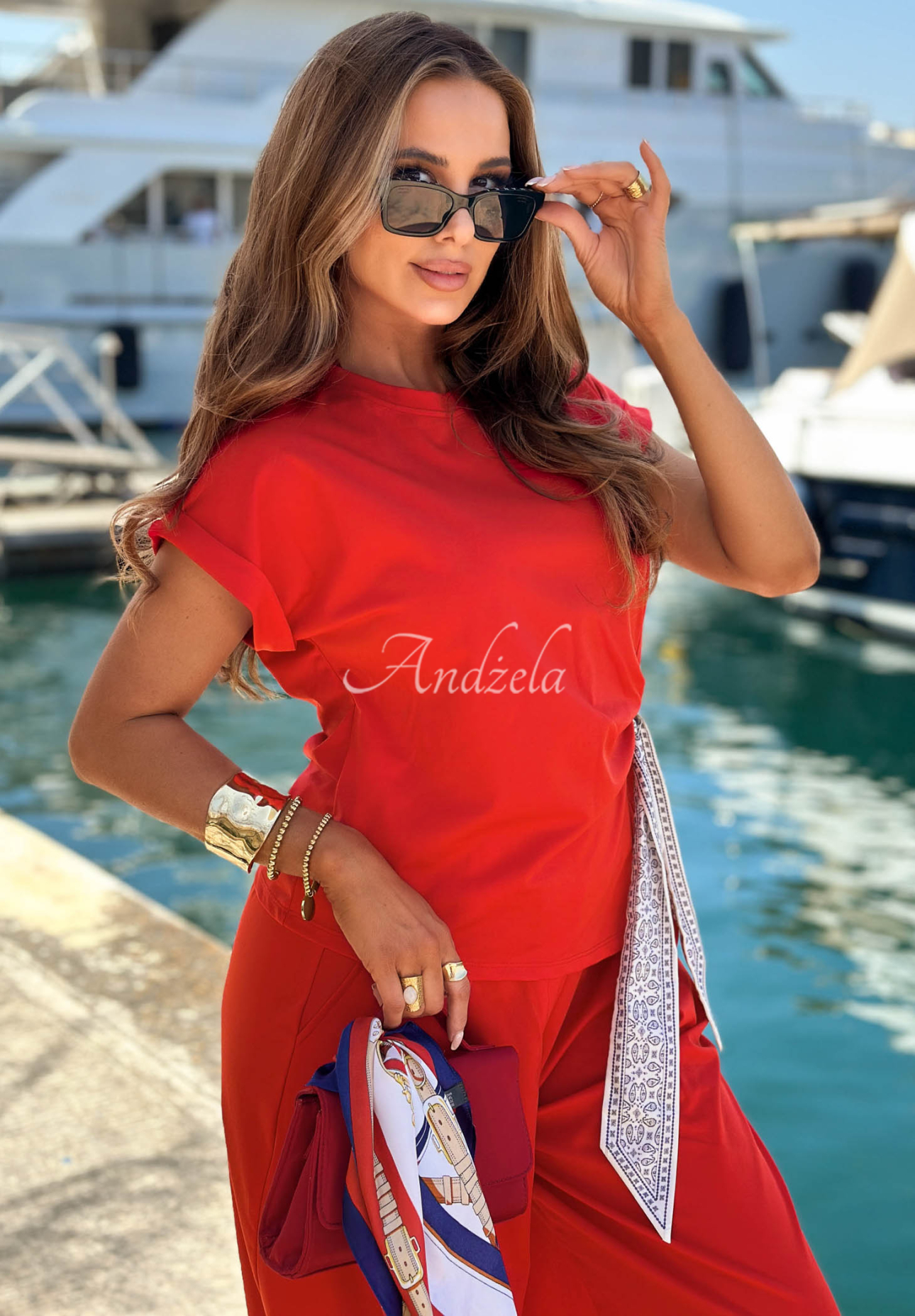 Set Bluse mit gebundenem Halstuch und Hose aus Lyocell Sunny Dreams Rot