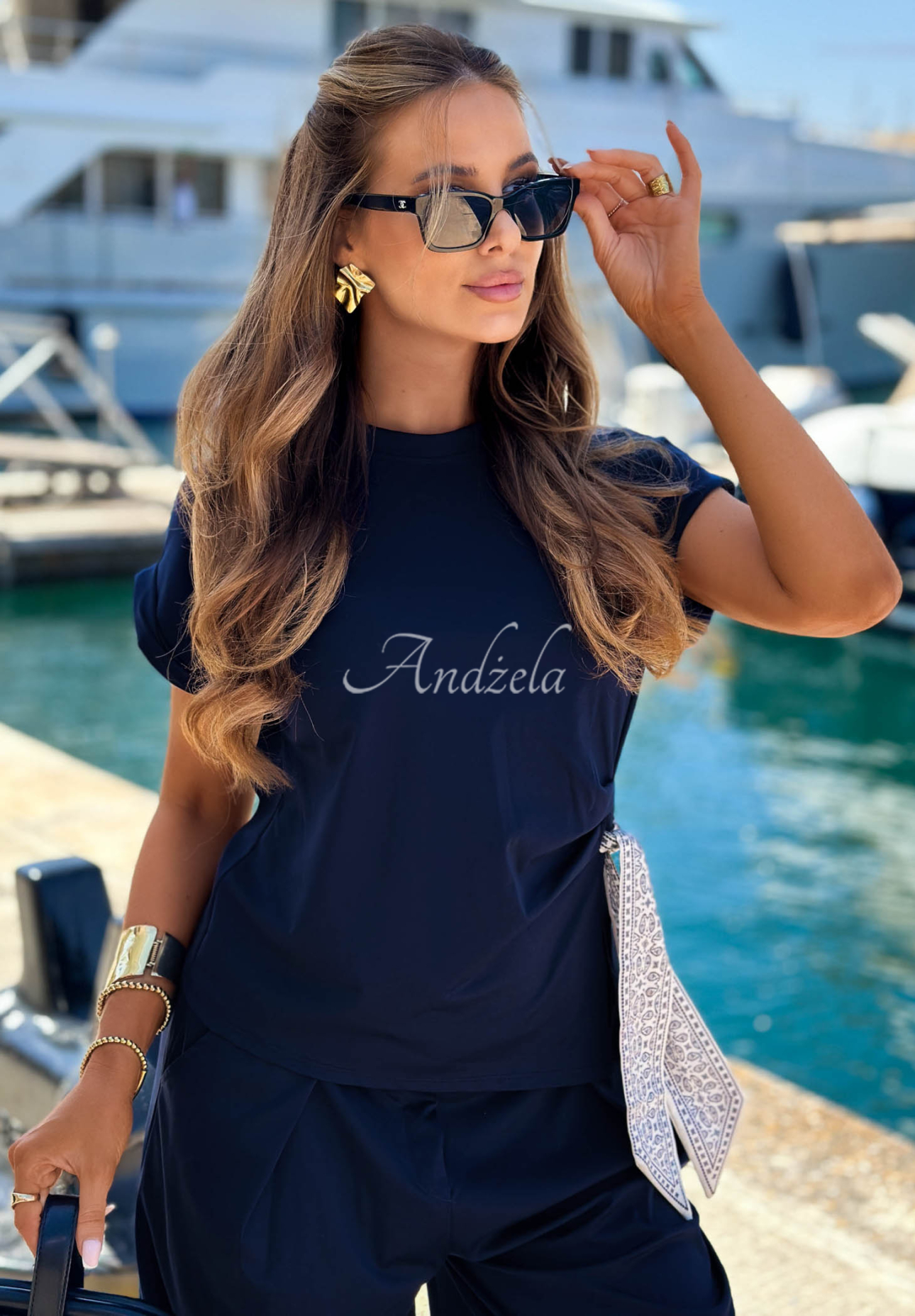Set Bluse mit gebundenem Halstuch und Hose aus Lyocell Sunny Dreams Dunkelblau