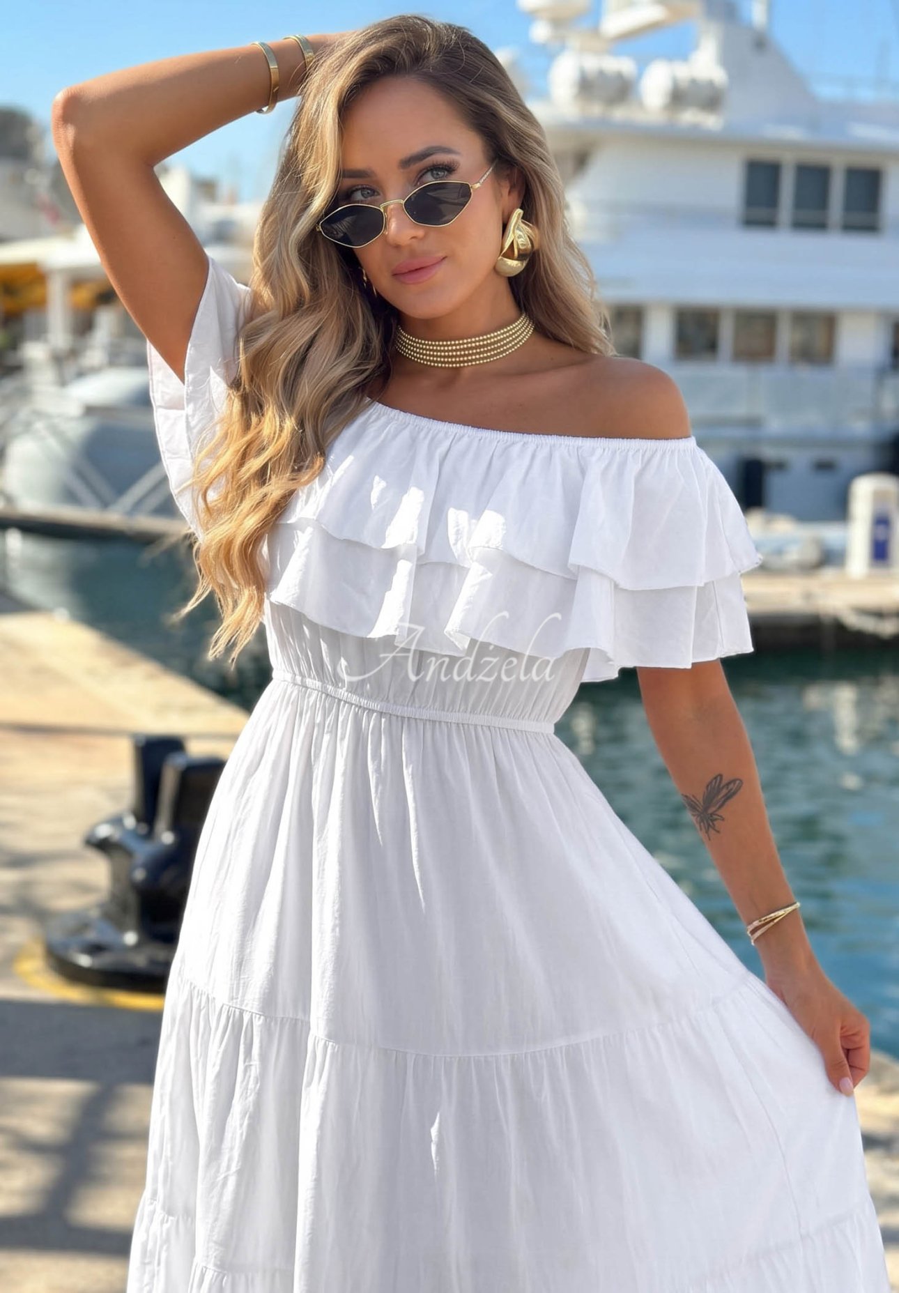Viskose-Kleid Off-Shoulder mit Rüschen Santa Ritta Weiß