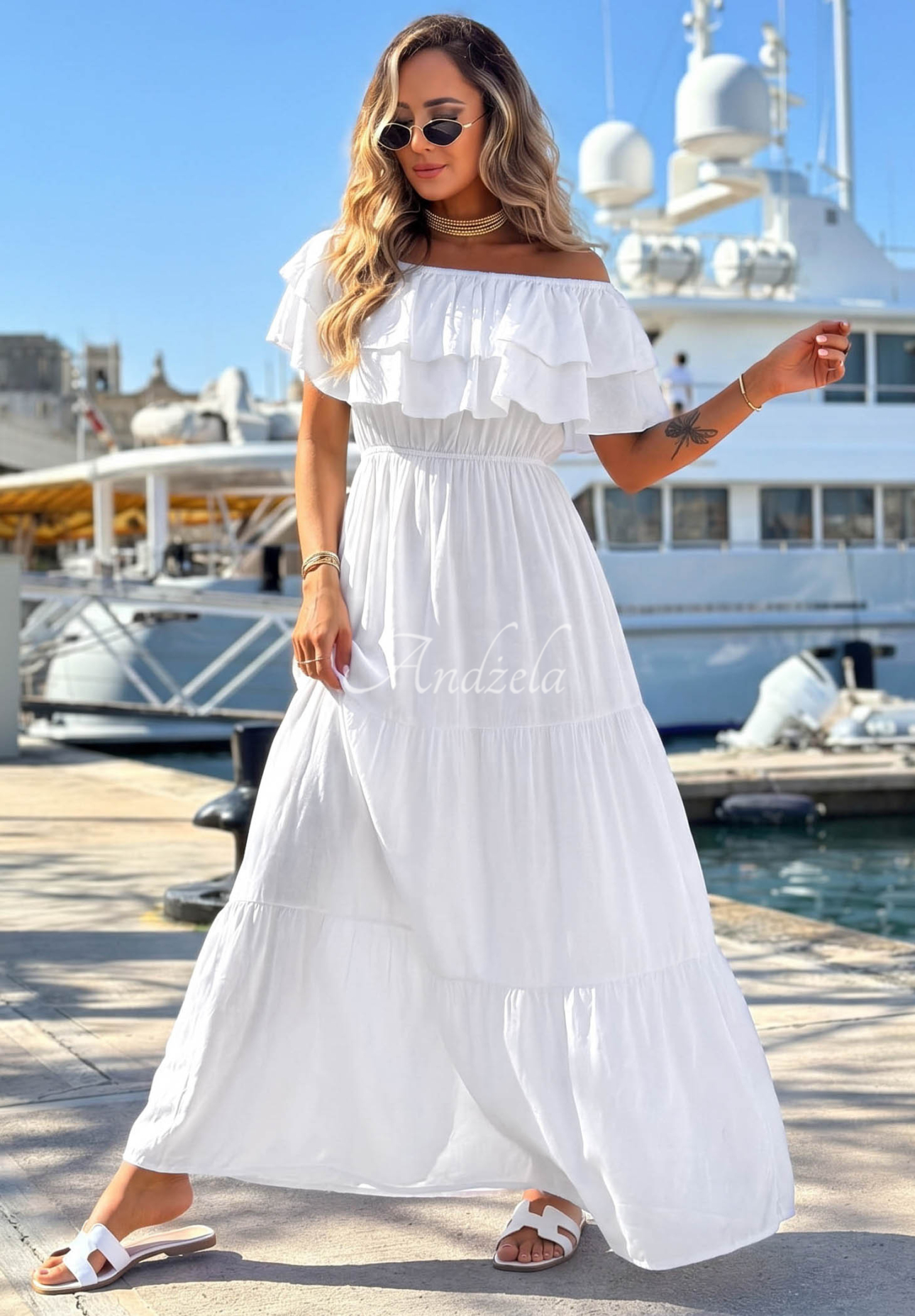 Viskose-Kleid Off-Shoulder mit Rüschen Santa Ritta Weiß