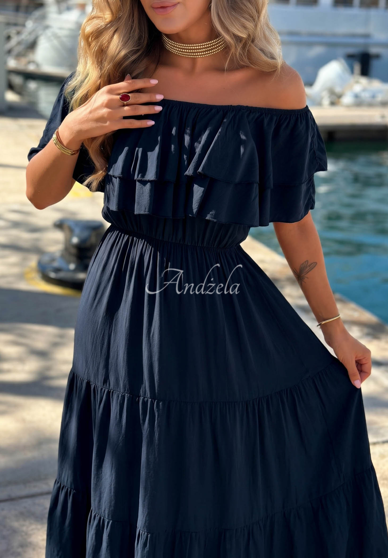 Viskose-Kleid Off-Shoulder mit Rüschen Santa Ritta Dunkelblau