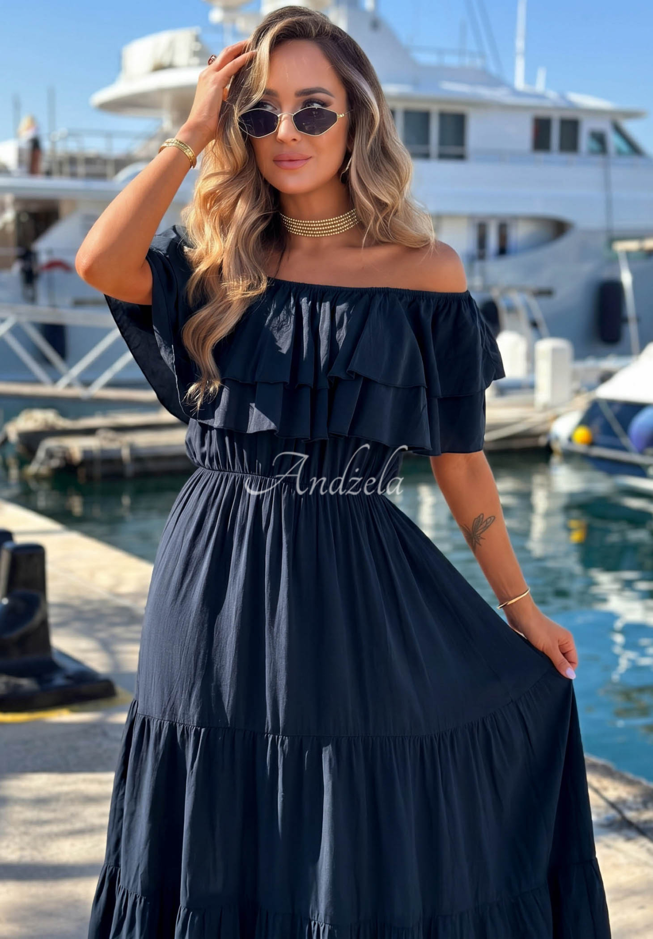 Viskose-Kleid Off-Shoulder mit Rüschen Santa Ritta Dunkelblau