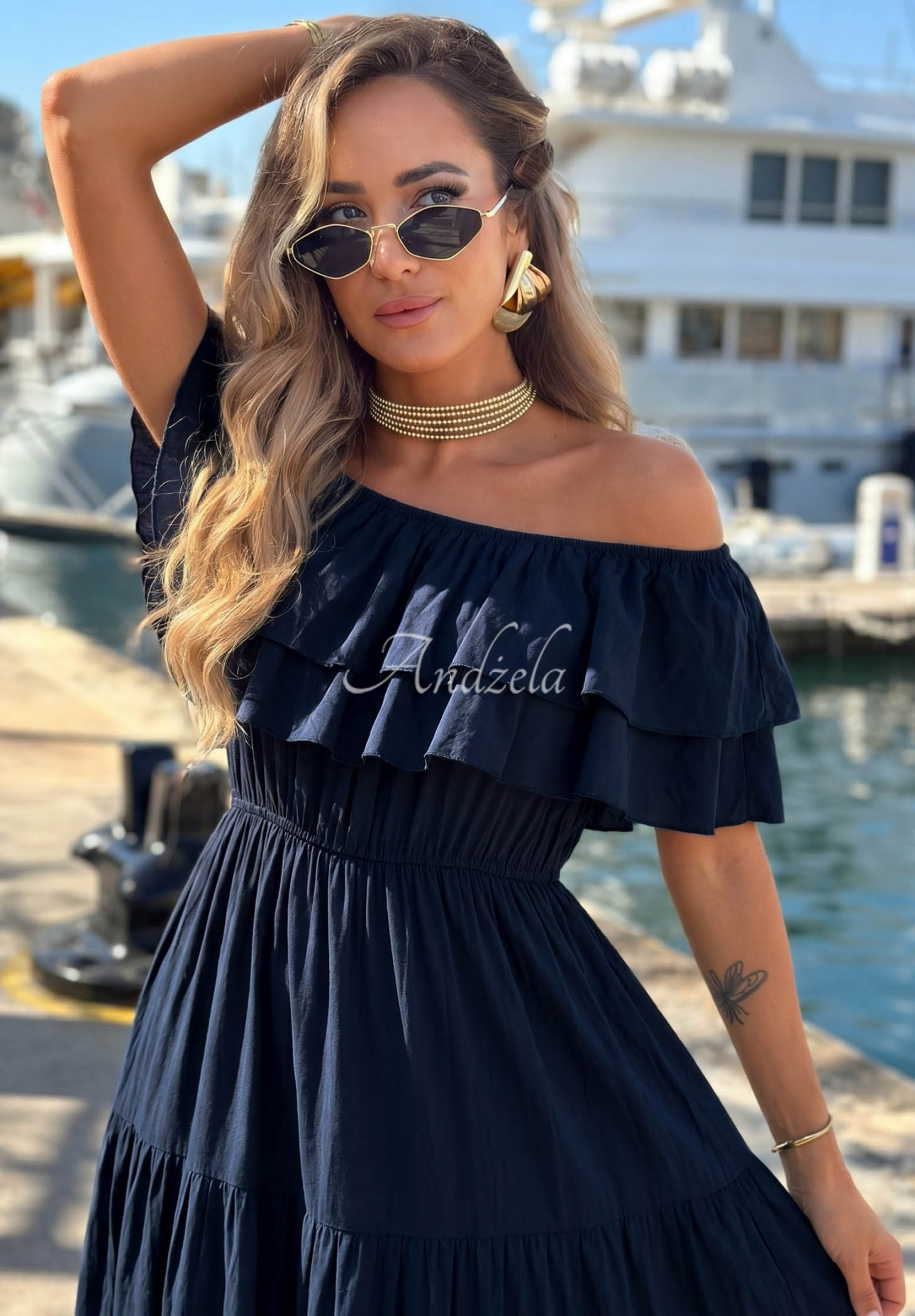 Viskose-Kleid Off-Shoulder mit Rüschen Santa Ritta Dunkelblau