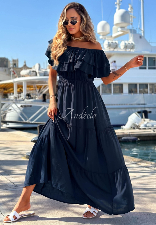 Viskose-Kleid Off-Shoulder mit R&uuml;schen Santa Ritta Dunkelblau