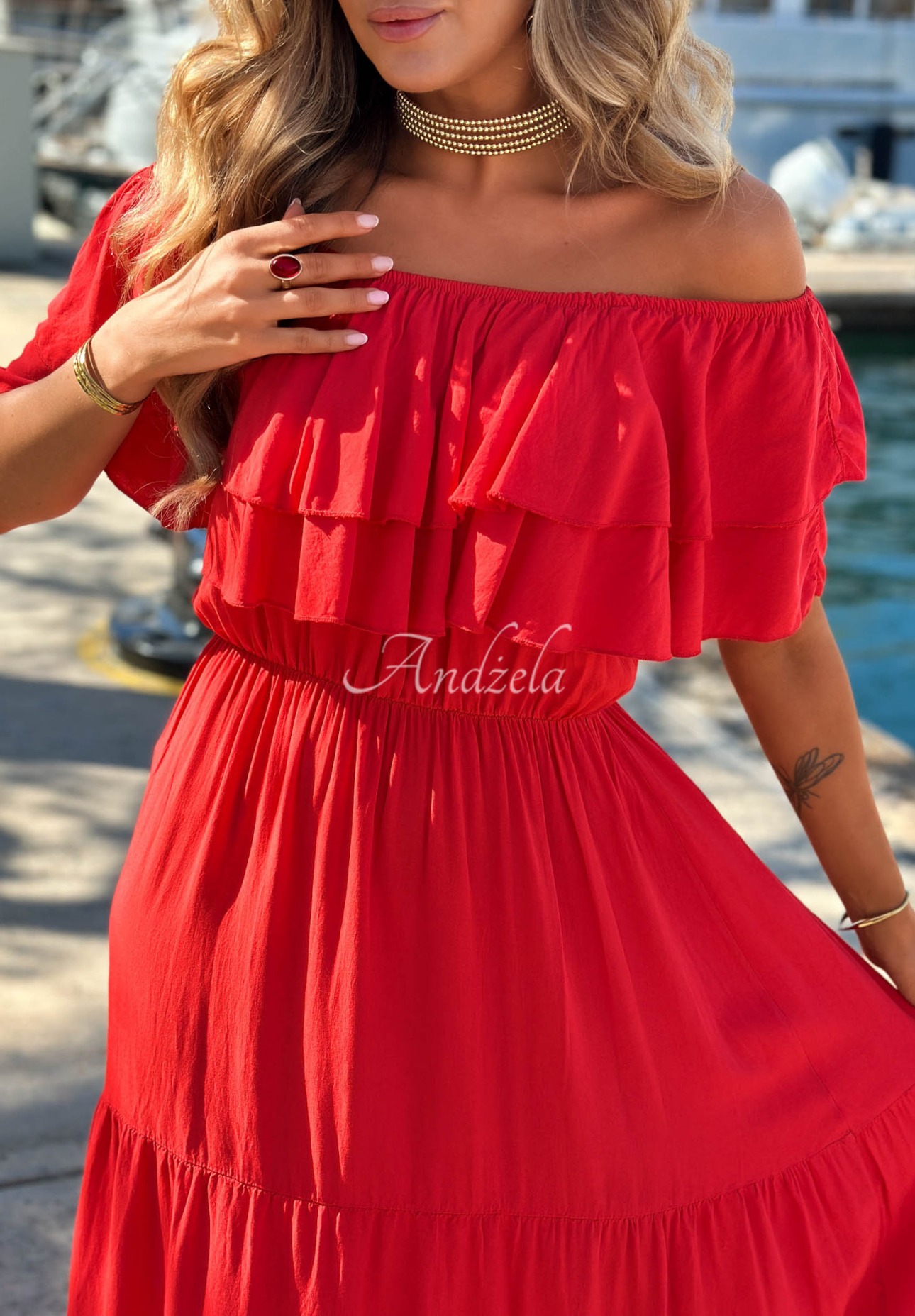 Viskose-Kleid Off-Shoulder mit Rüschen Santa Ritta Rot