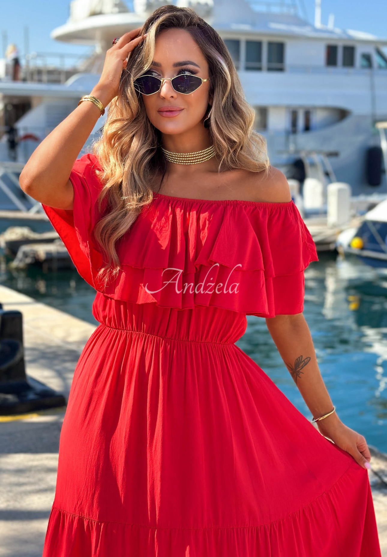 Viskose-Kleid Off-Shoulder mit Rüschen Santa Ritta Rot