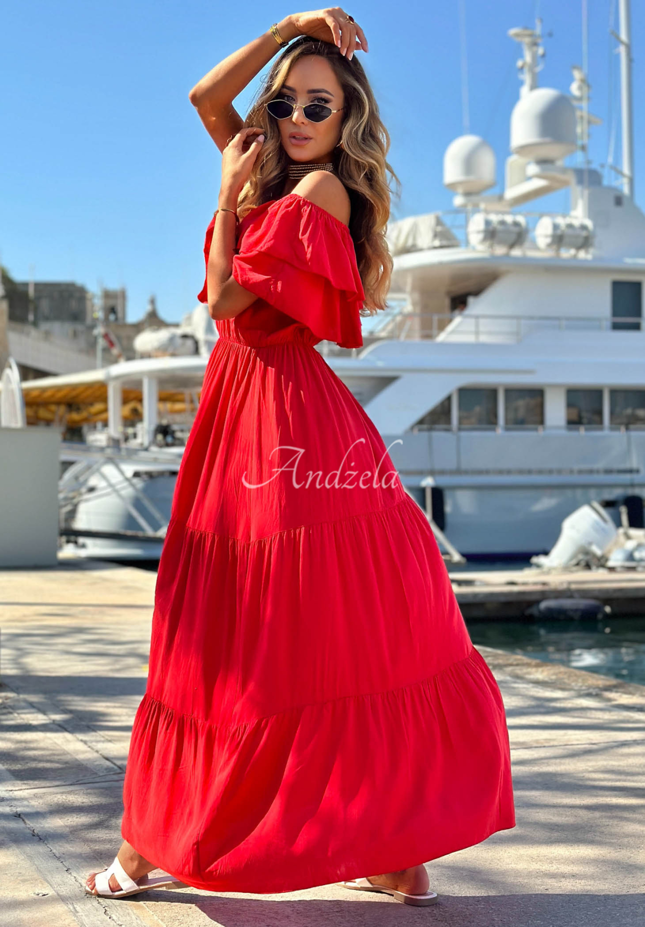Viskose-Kleid Off-Shoulder mit Rüschen Santa Ritta Rot