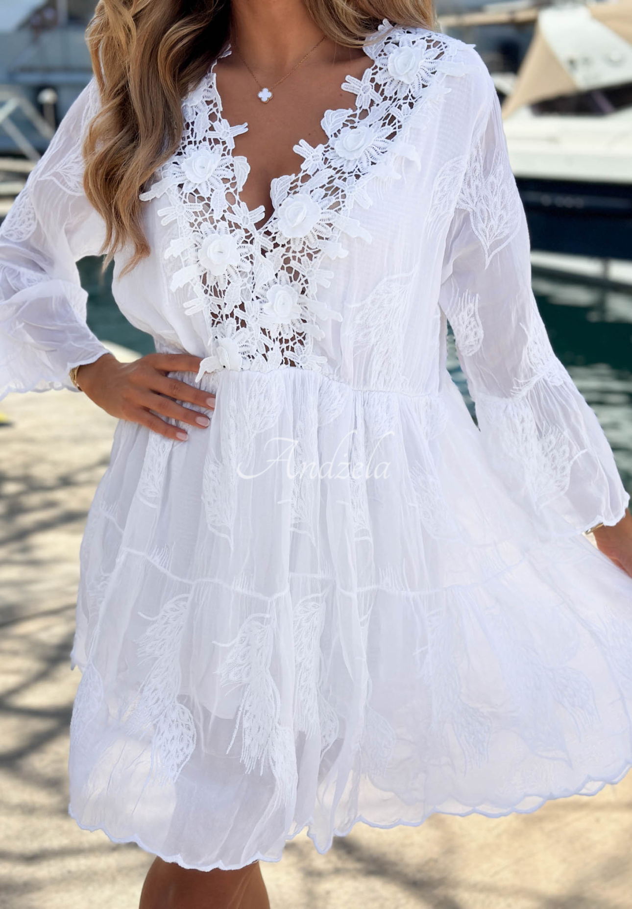 Besticktes Kleid mit Spitze boho aus Viskose Summer Lady Weiß