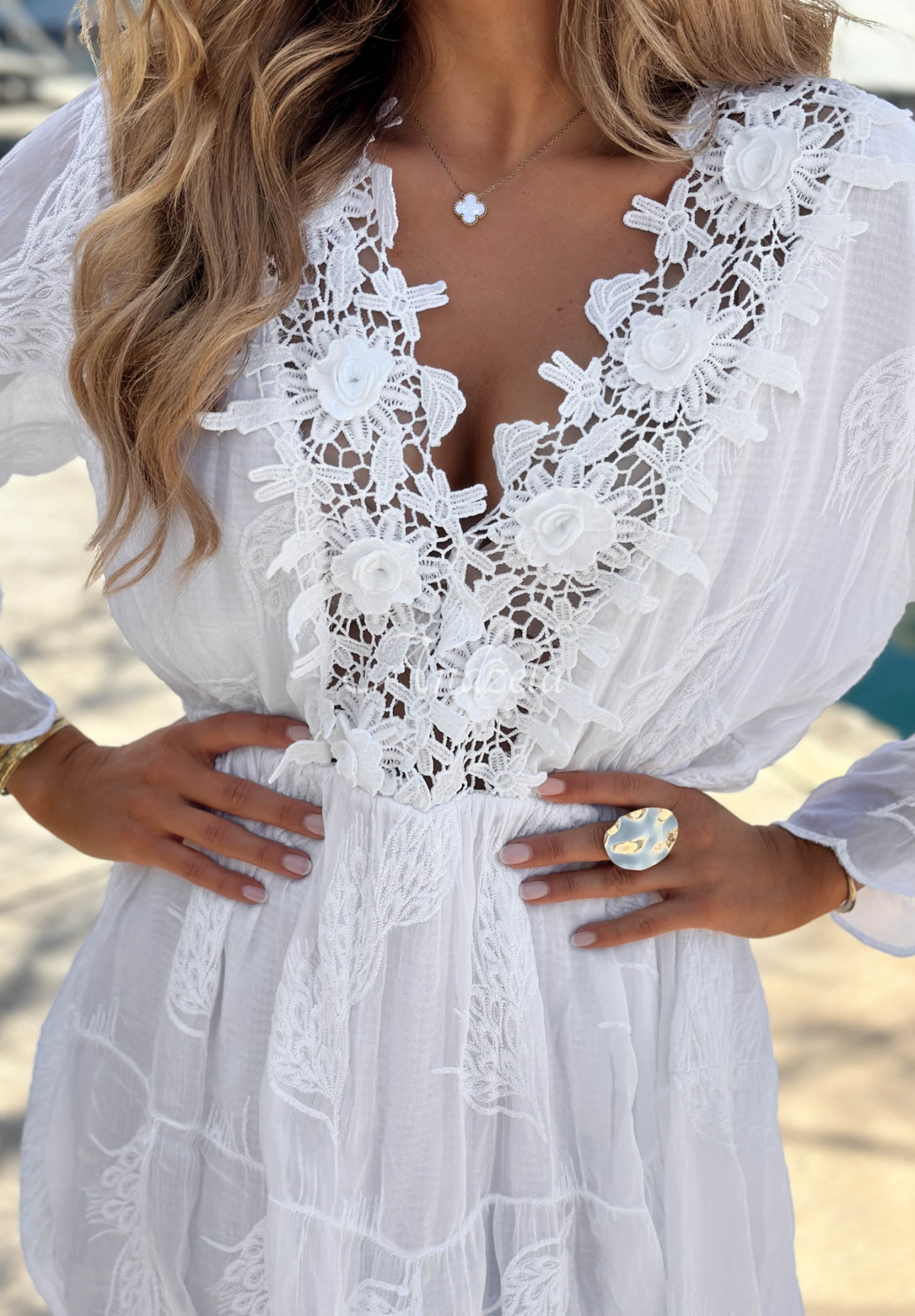 Besticktes Kleid mit Spitze boho aus Viskose Summer Lady Weiß