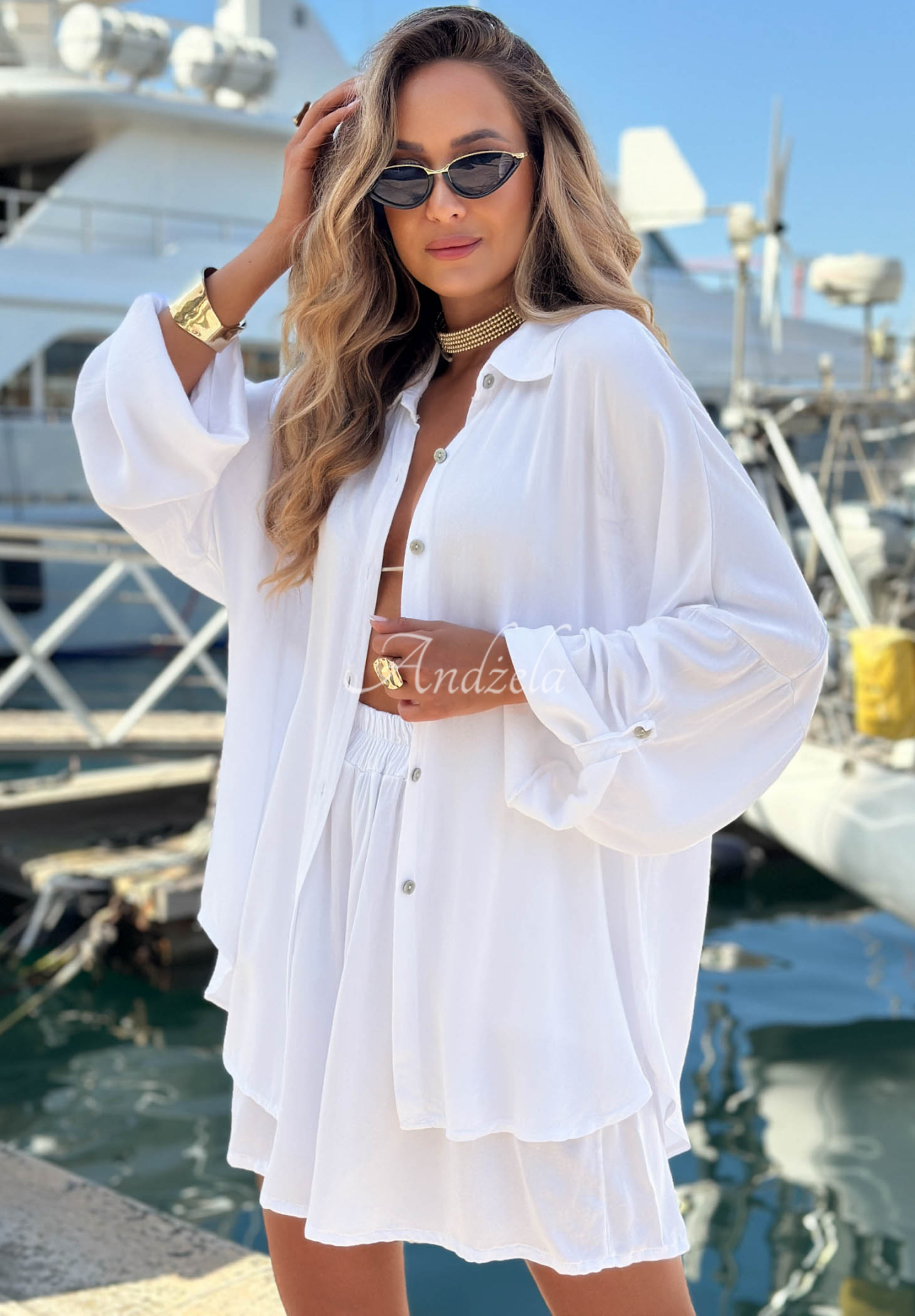 Viskose-Set aus Hemd und Shorts Sunbliss Weiß