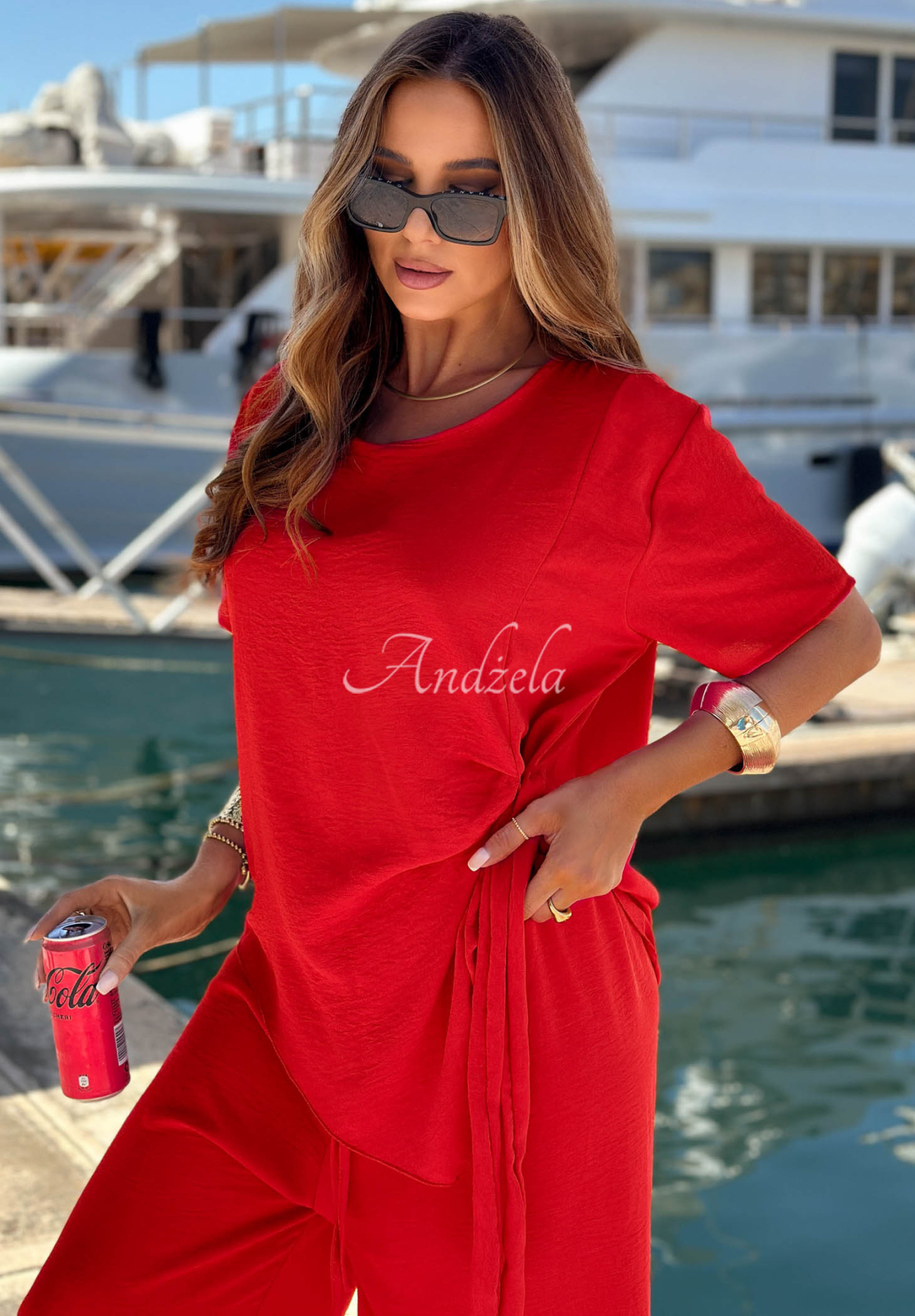 Viskose-Set gebundene Bluse und Hose mit weitem Bein Elite Holiday Rot