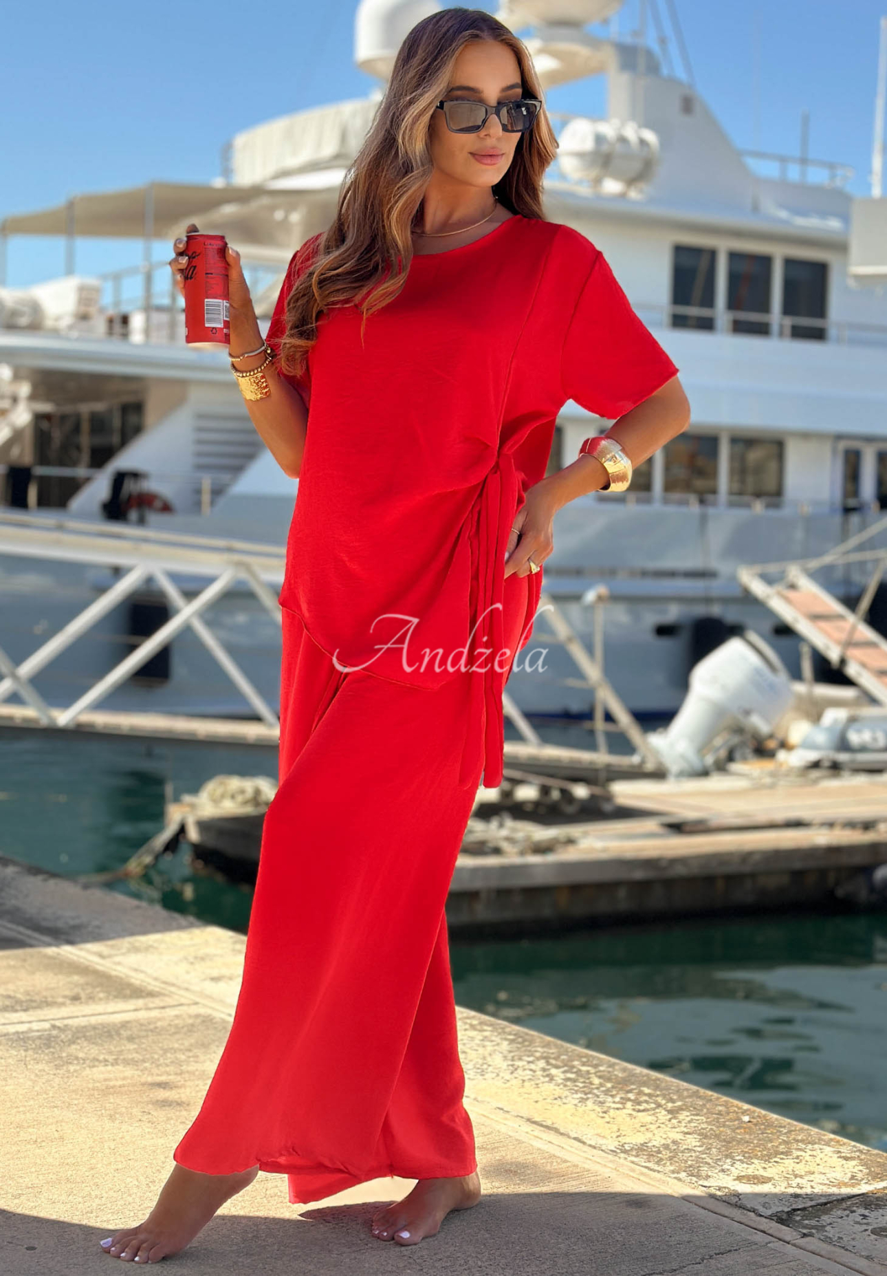 Viskose-Set gebundene Bluse und Hose mit weitem Bein Elite Holiday Rot