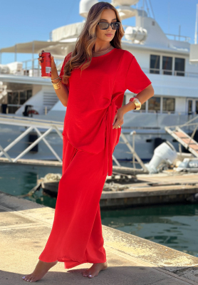 Viskose-Set gebundene Bluse und Hose mit weitem Bein Elite Holiday Rot