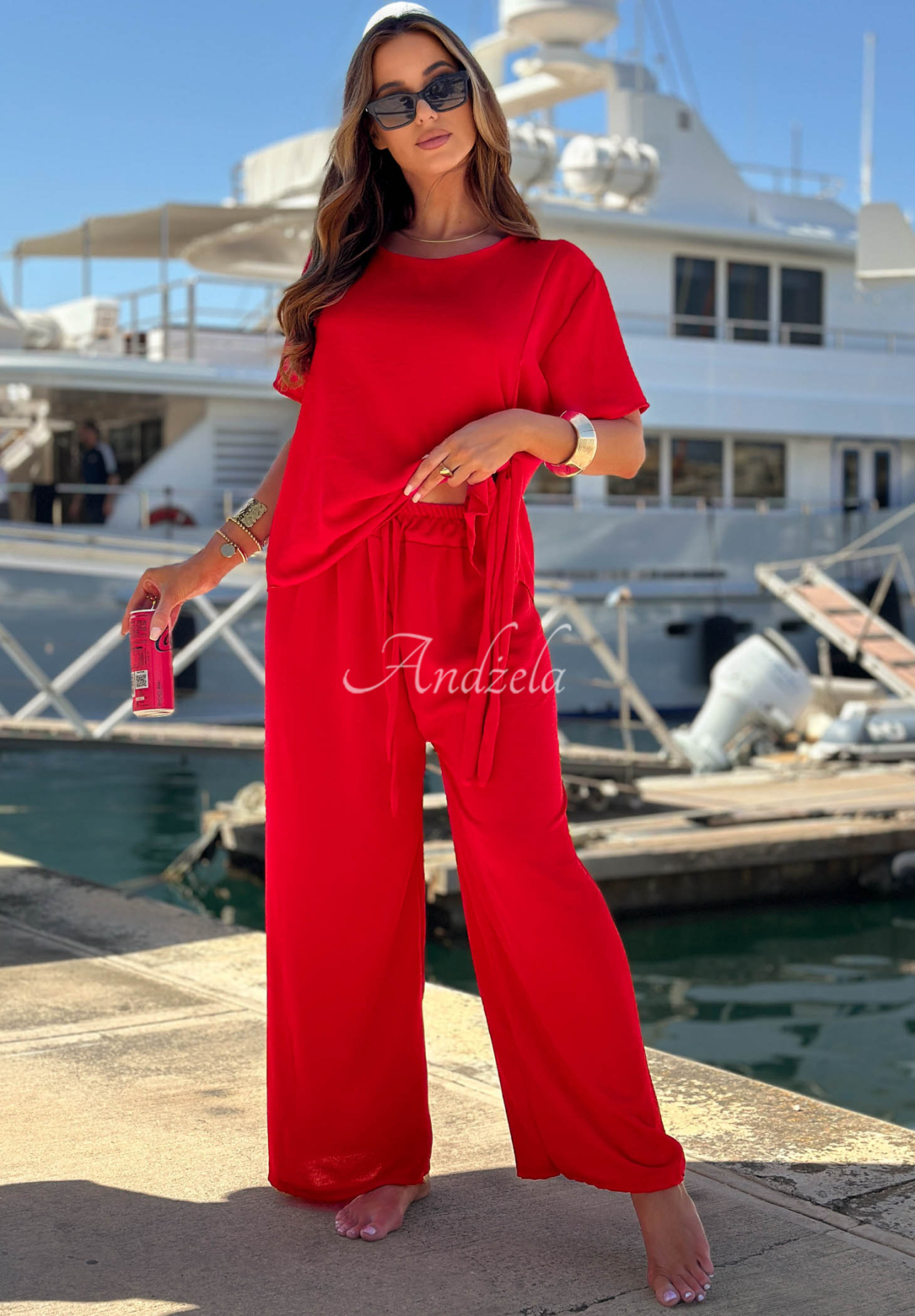 Viskose-Set gebundene Bluse und Hose mit weitem Bein Elite Holiday Rot