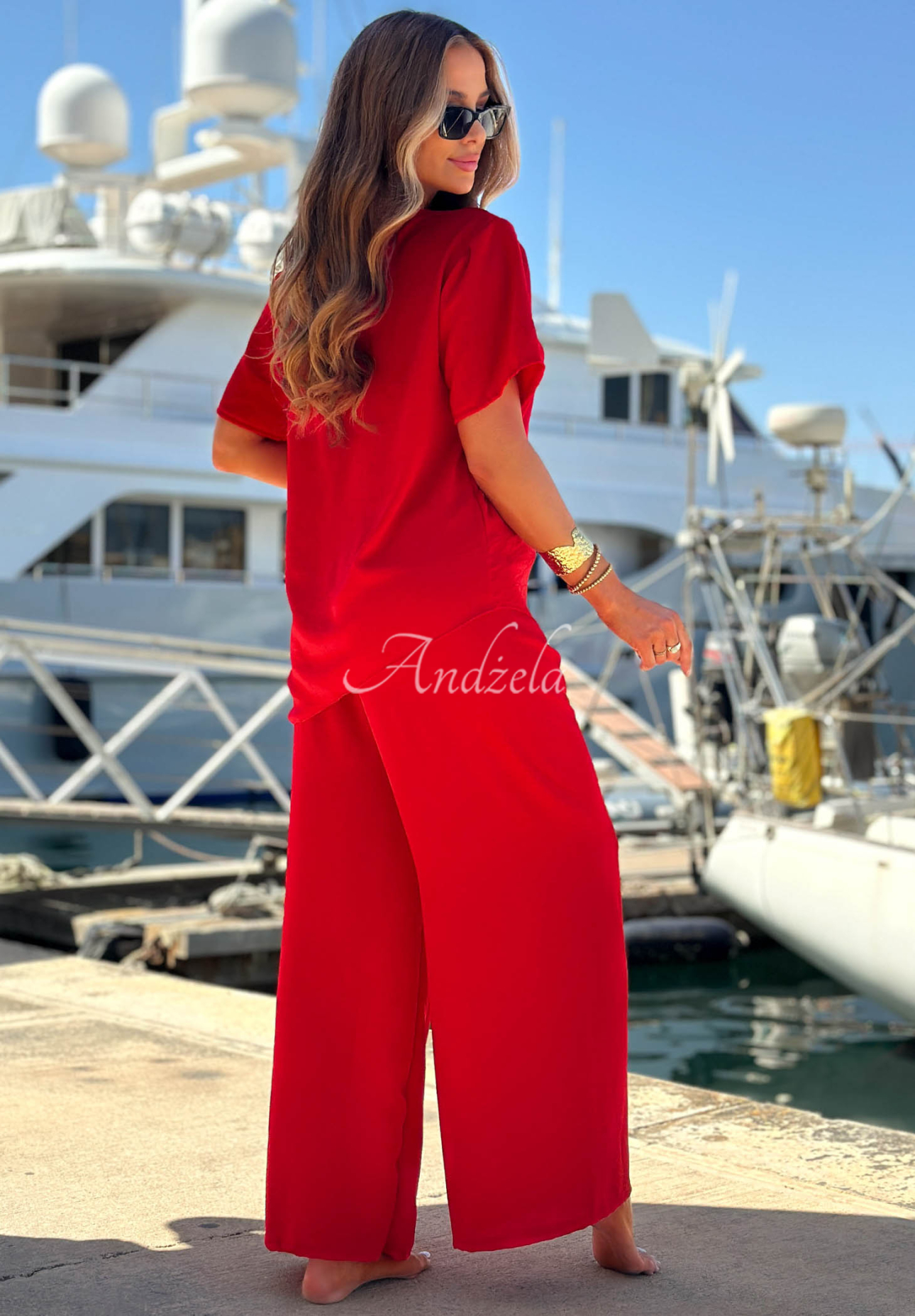 Viskose-Set gebundene Bluse und Hose mit weitem Bein Elite Holiday Rot