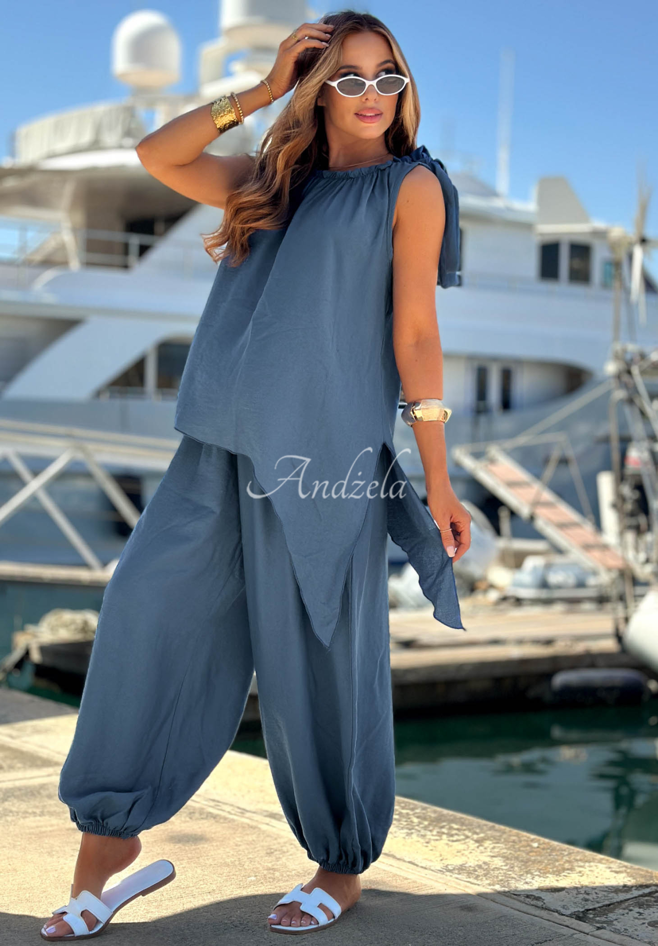 Viskose-Set aus Bluse und Jogginghose Sun Flame Blau