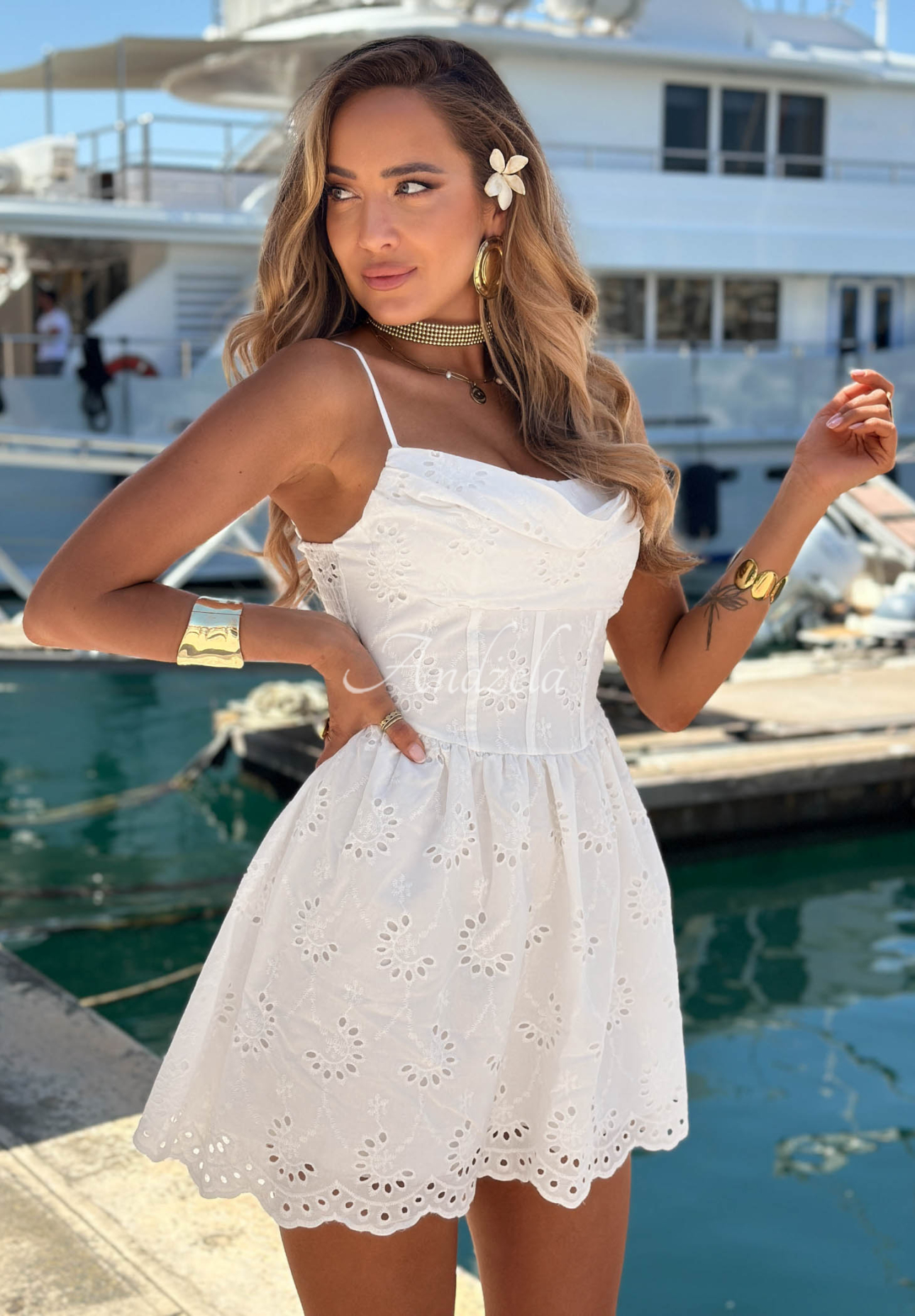 Durchbrochenes Baumwollkleid mit Trägern Sorbet Sun Ecru