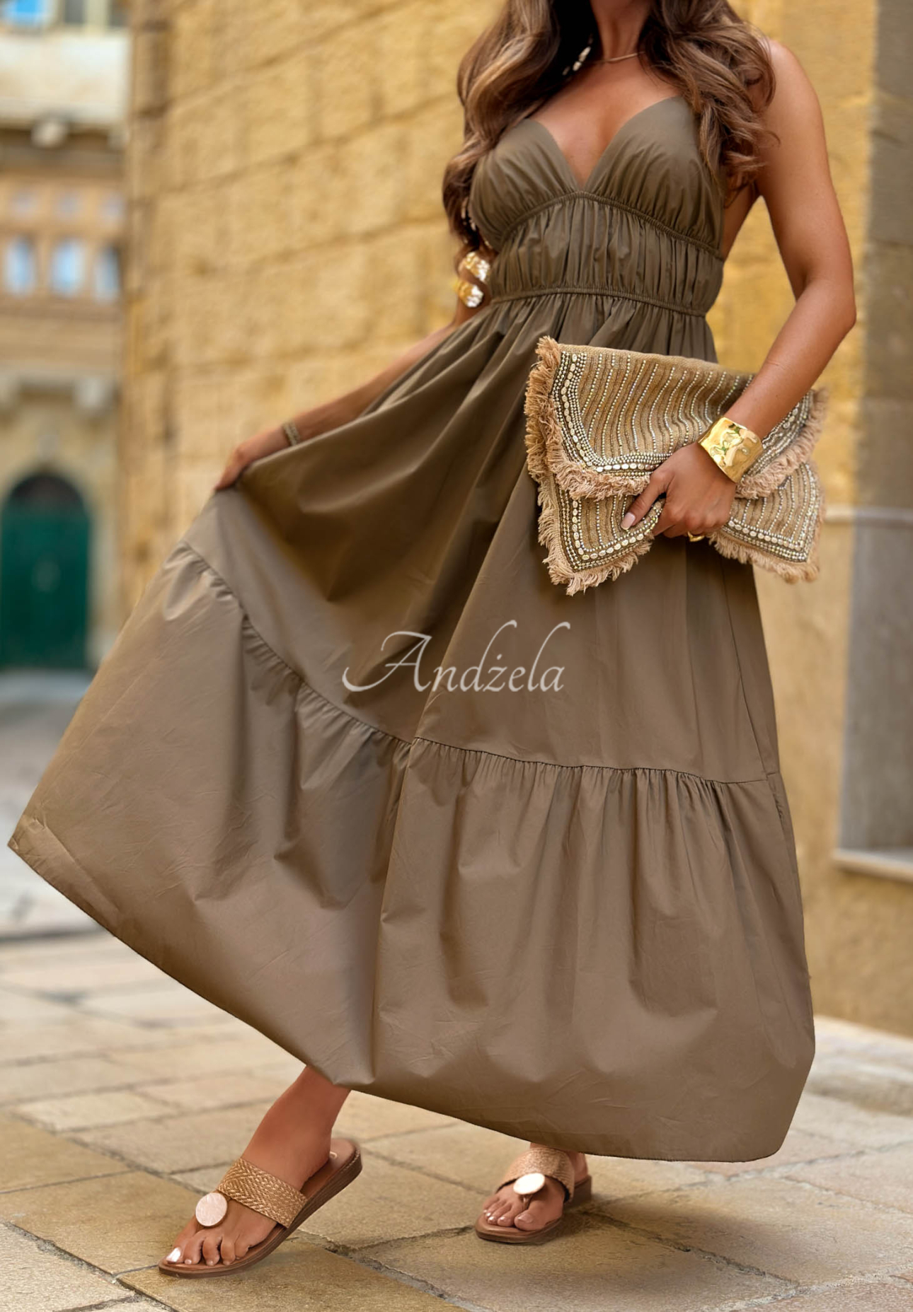 Baumwoll-Maxikleid mit Trägern Sunset Lagoon Camel