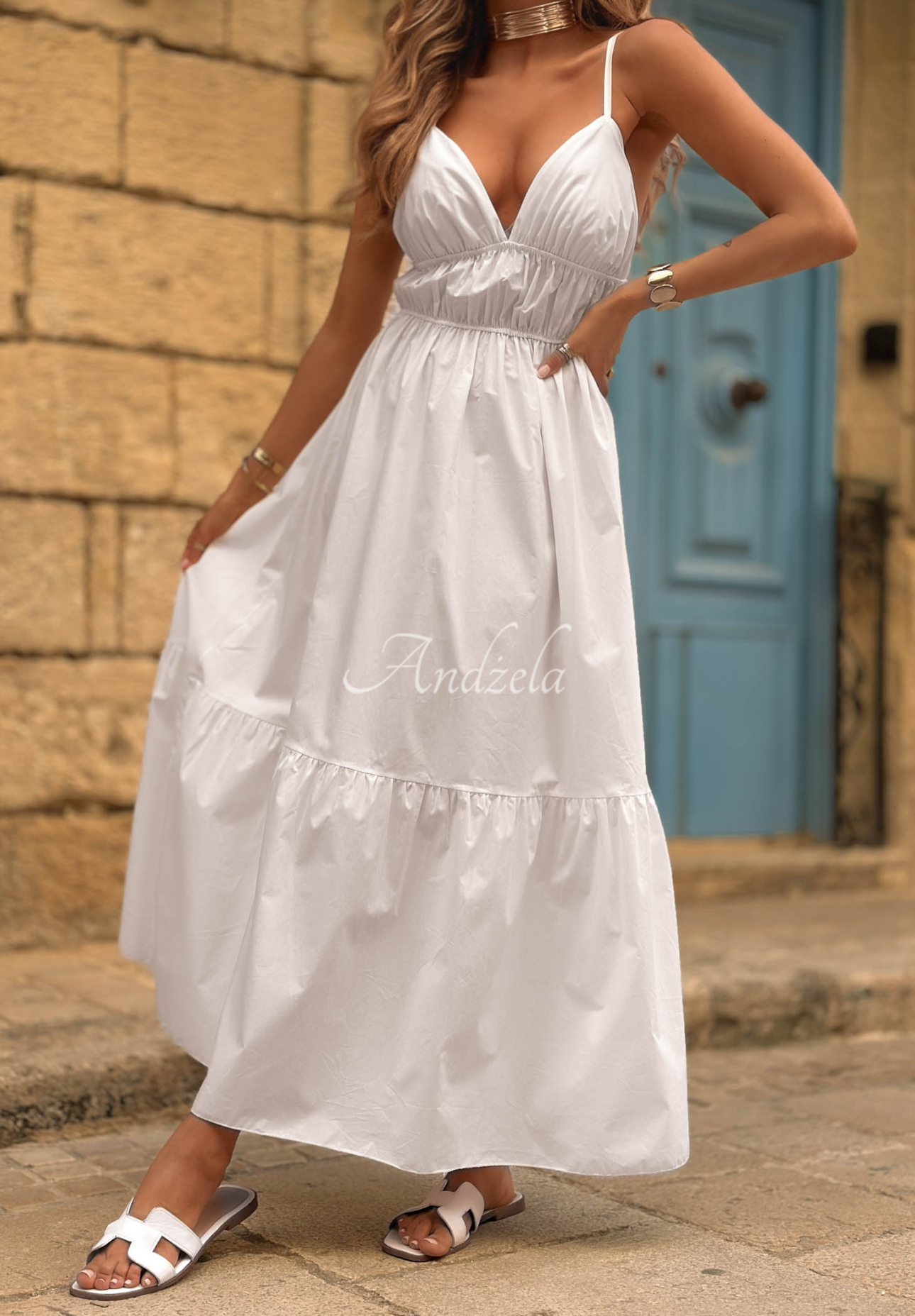 Baumwoll-Maxikleid mit Trägern Sunset Lagoon Weiß