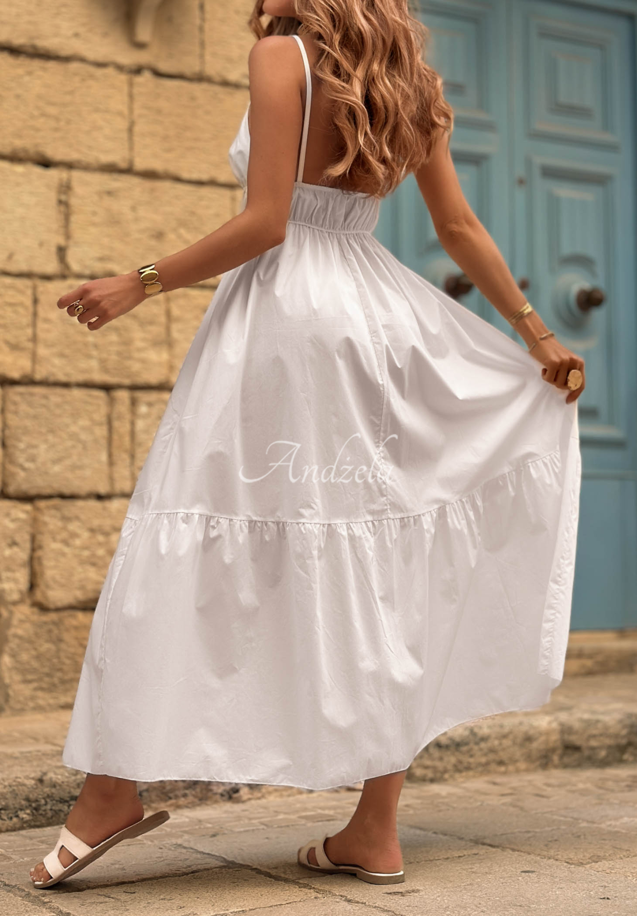 Baumwoll-Maxikleid mit Trägern Sunset Lagoon Weiß
